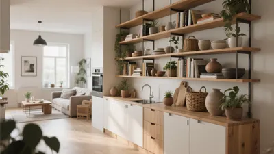 Open Plan Kitchen & Living Room with Natural Wood Shelving