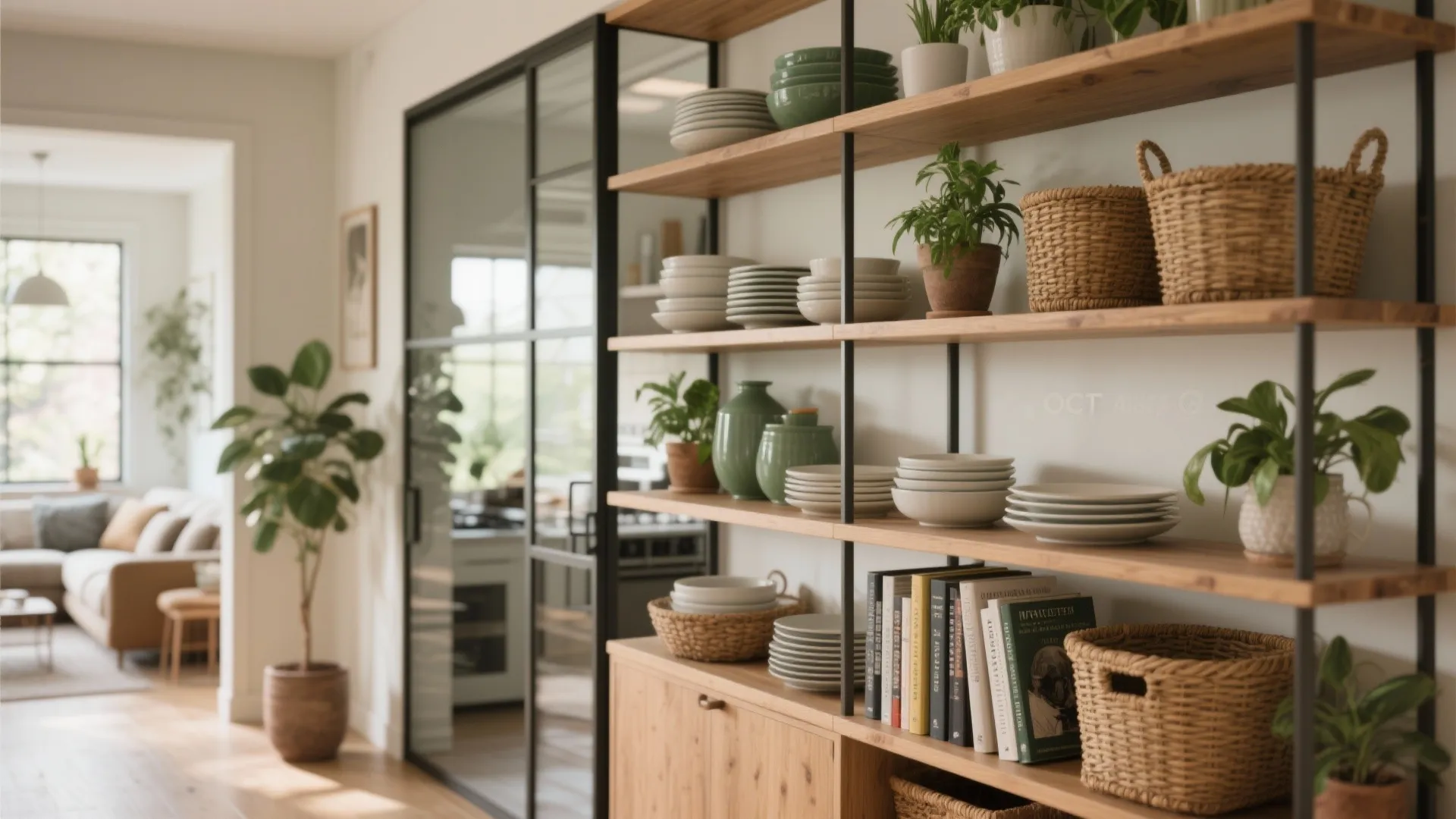 1. Open shelving as a semi-transparent divider