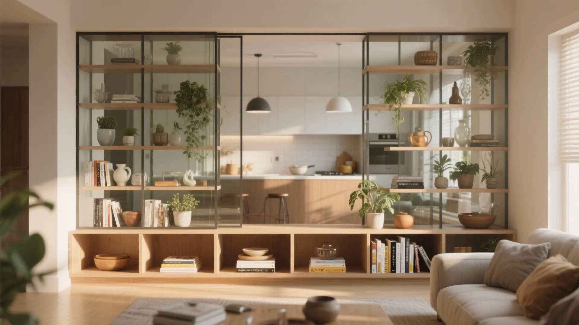 3. Open shelving as a soft divider