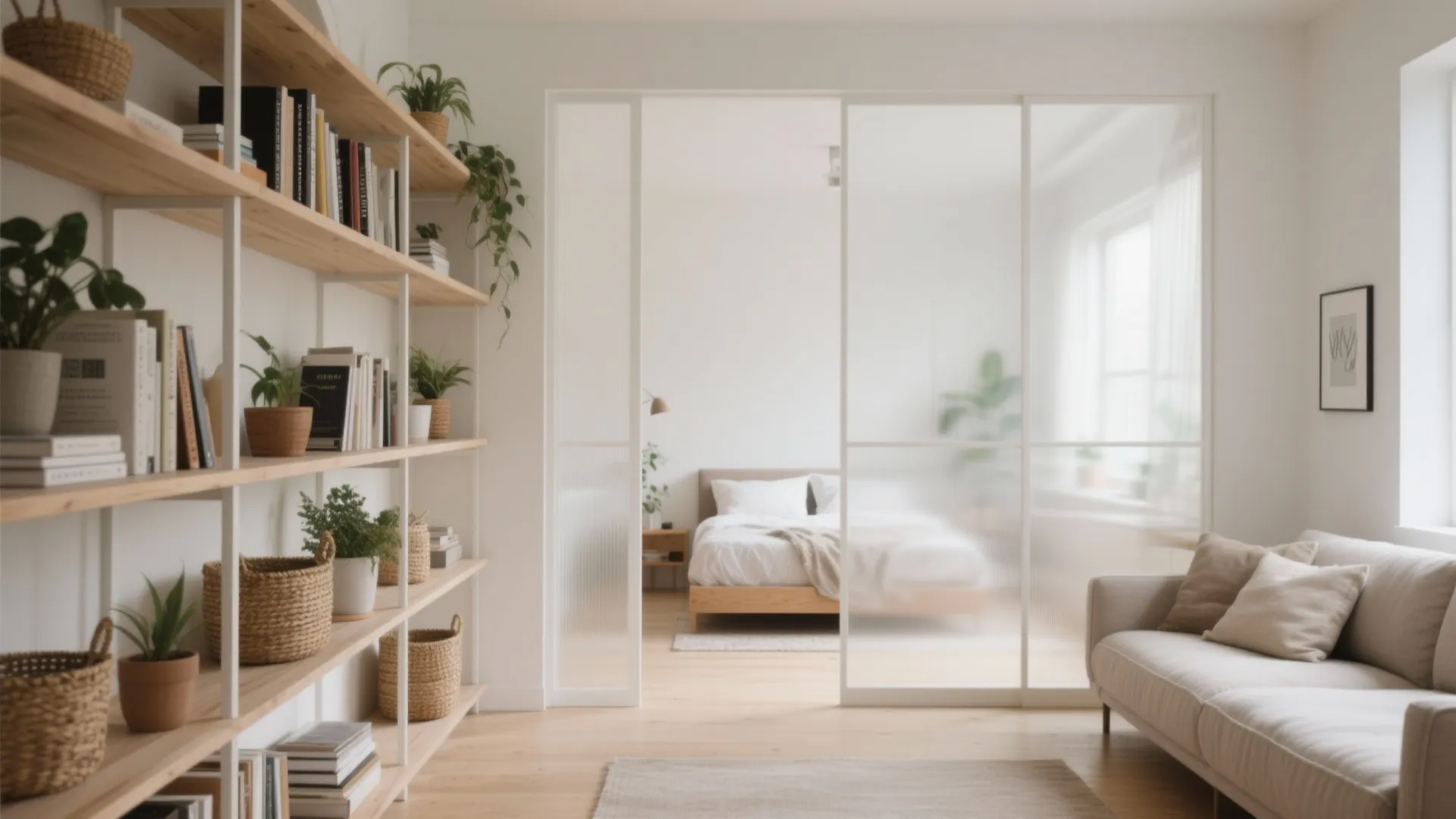 Living room with open wooden shelving and glass sliding doors leading into a bright bedroom