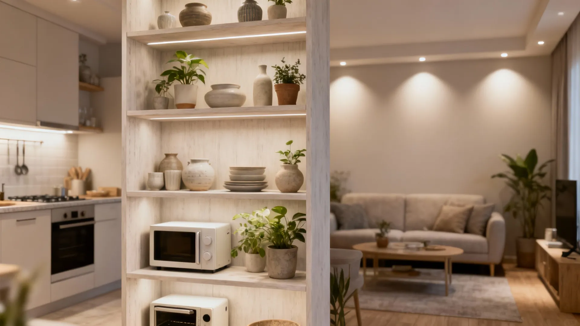 Open shelving used as a divider with ceramics and plants between kitchen and living room.