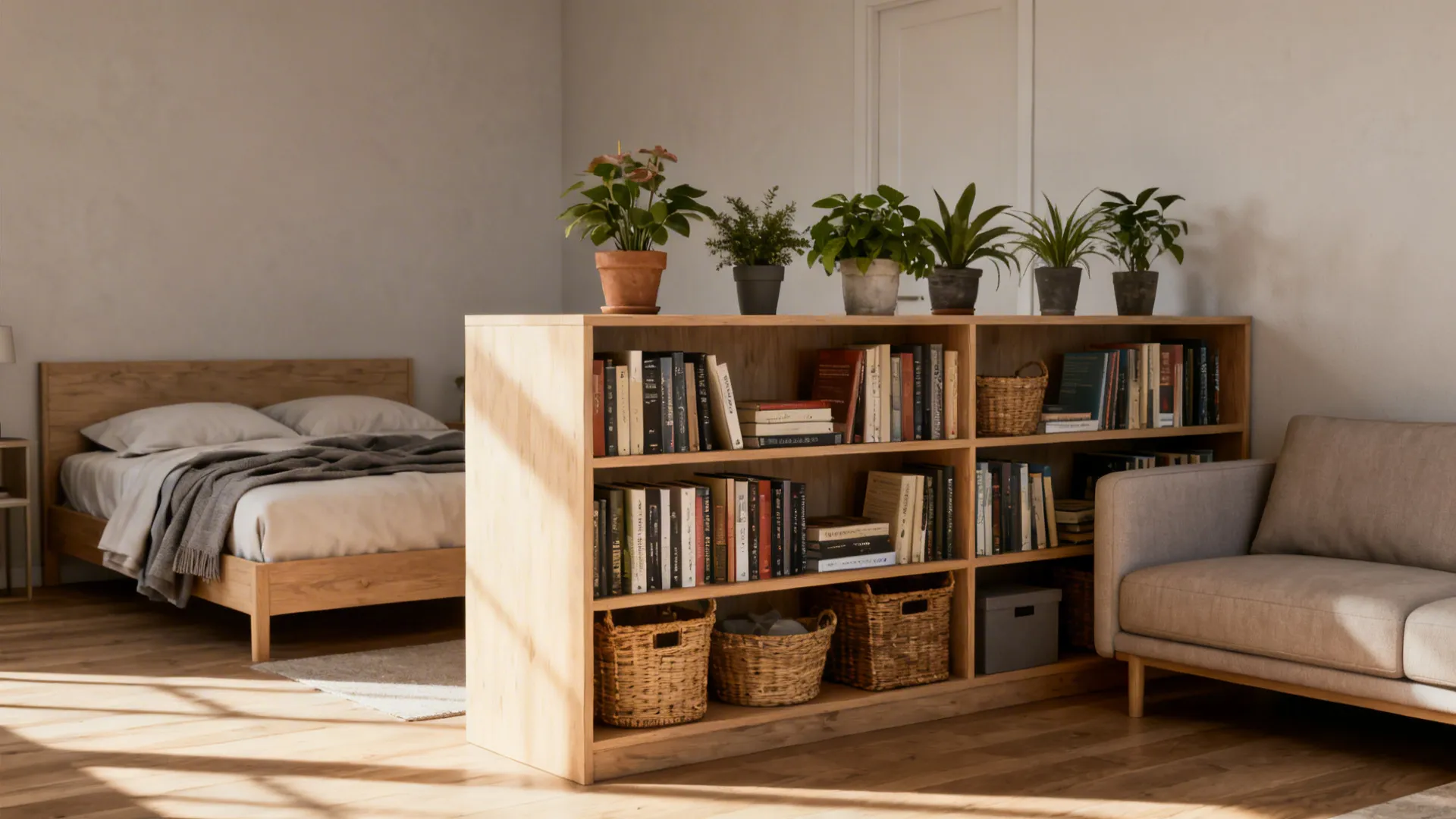 Low double-sided open shelving dividing a studio, organized with books and plants.