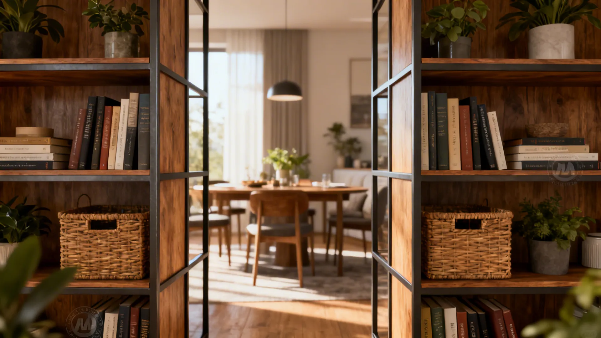 Two-sided open-back bookcase dividing living and dining while preserving light and storage
