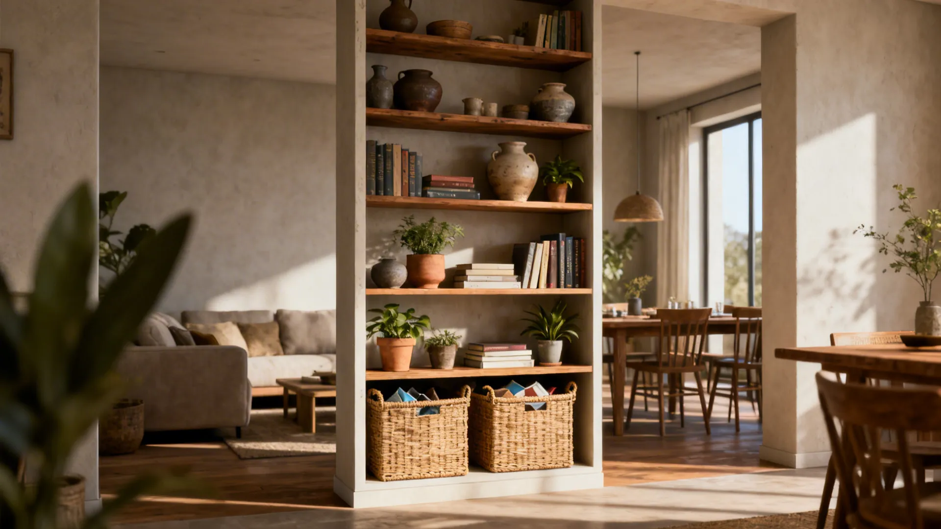 Low-to-mid open shelving used as a room divider with pottery, plants and woven baskets.