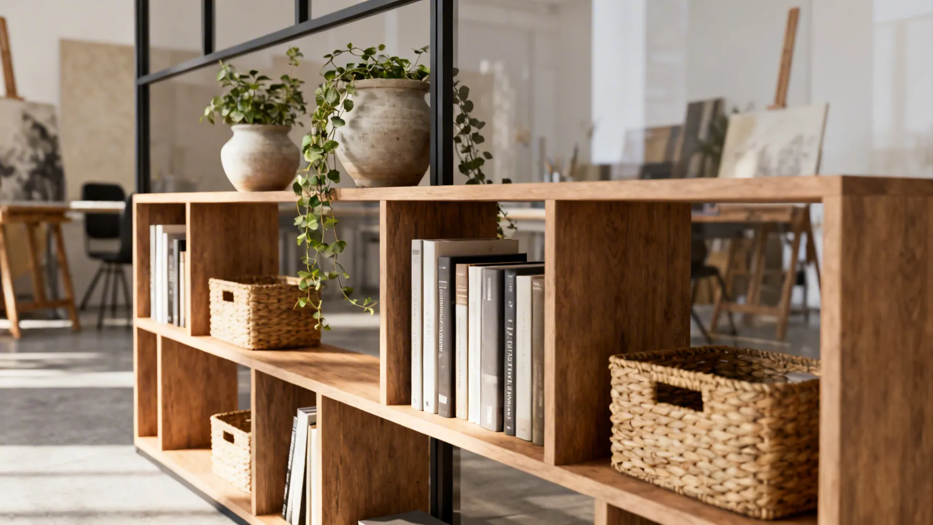 Low open shelving used as a semi-transparent divider with books, baskets and plants