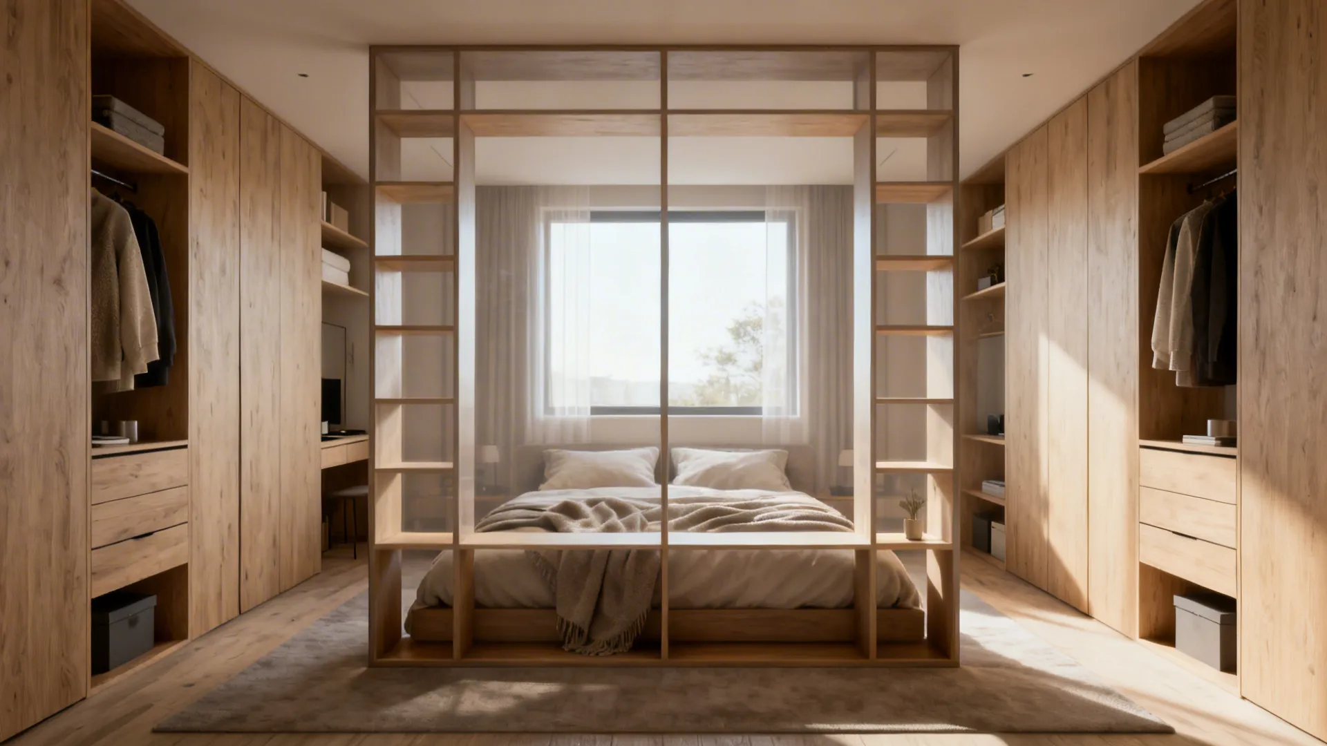 Wooden open shelving unit used as a room divider between a bedroom and a walk-in closet