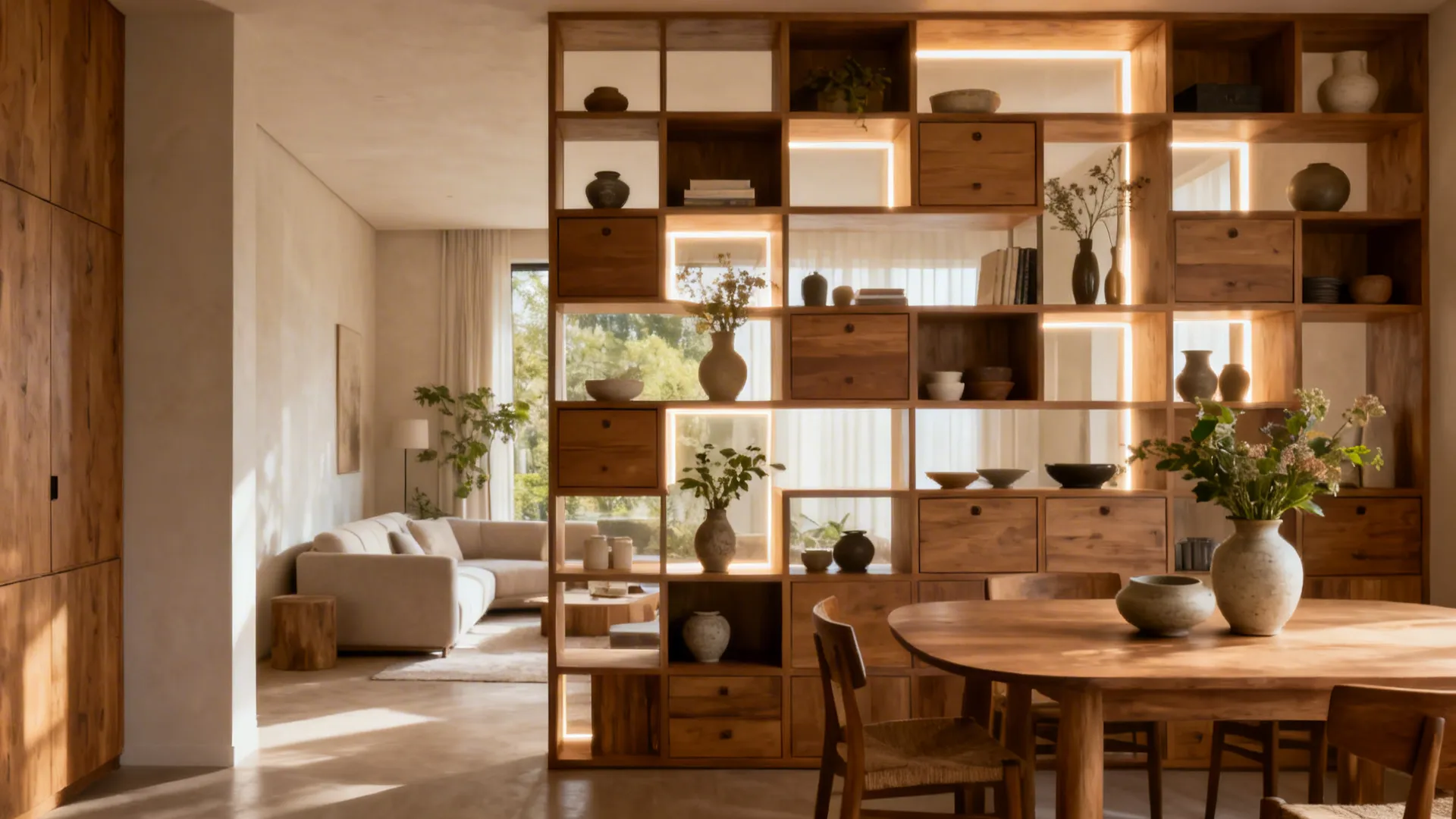 Staggered open shelving used as a semi-transparent room divider with curated objects and plants.
