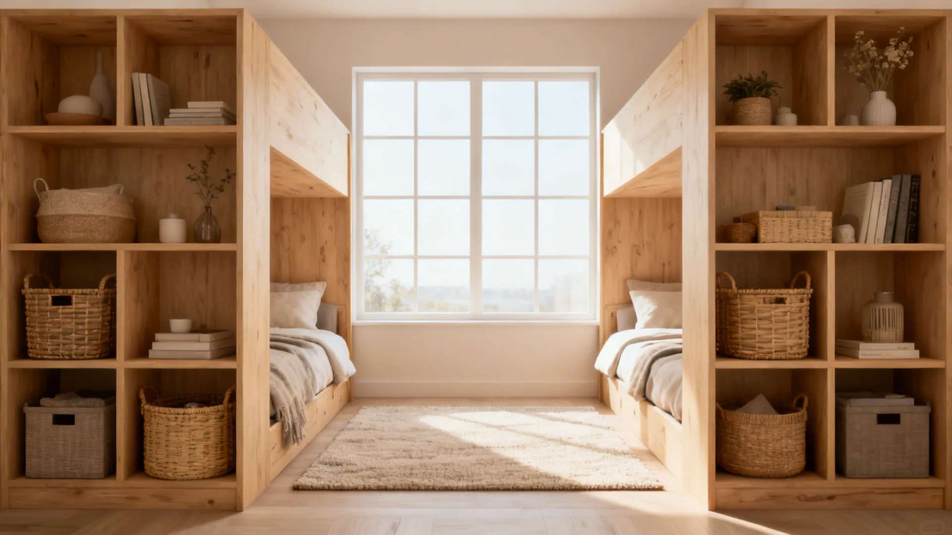 Double-sided open shelving dividing a small room while keeping light and storage accessible.