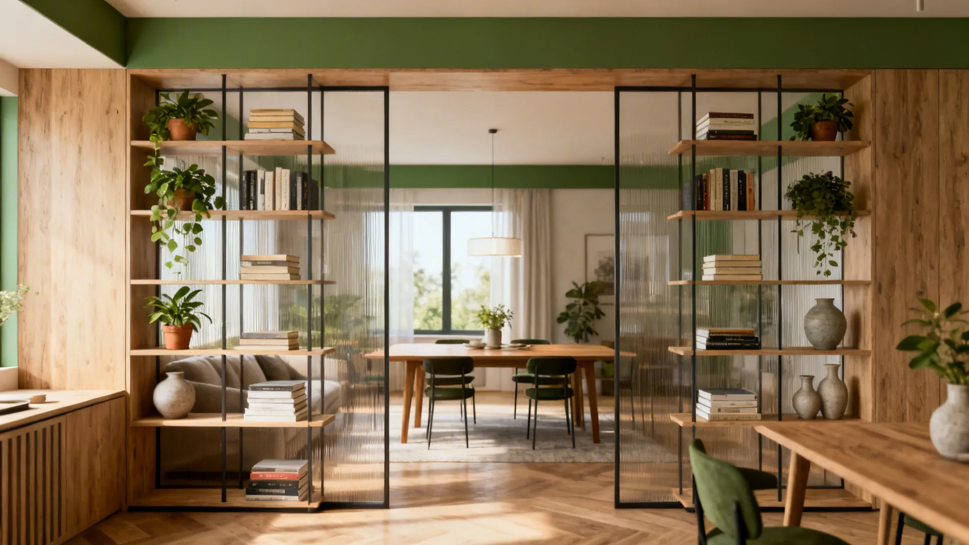 Low double-sided open shelving dividing living and dining with plants and books