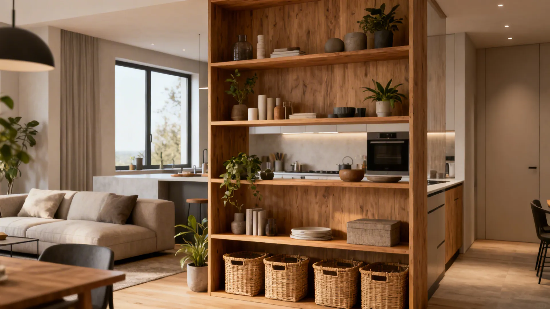 Open oak shelving dividing a small living-kitchen space, styled with plants and baskets to keep sightlines open