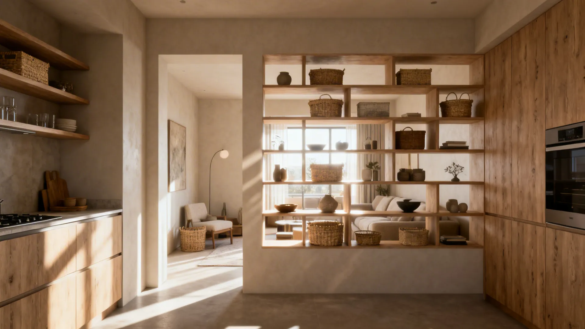 Low staggered open shelving dividing kitchen and living zones, with baskets and airy sightlines.