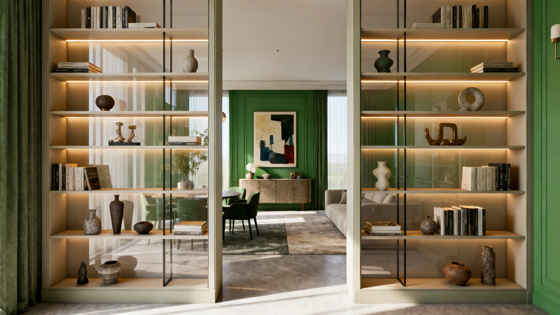 Open shelving unit used as room divider between green dining room and modern living room furniture