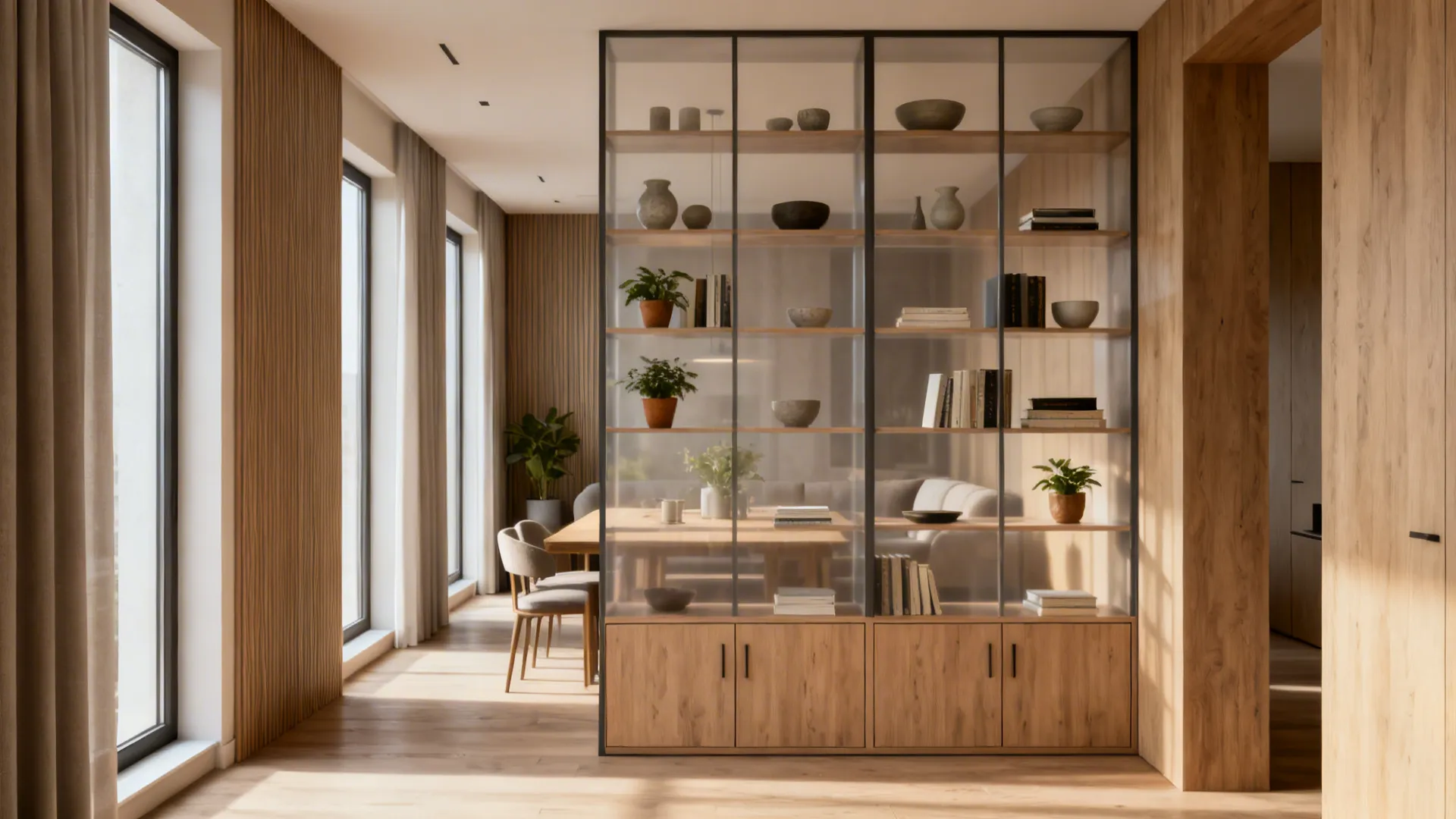 Floor-to-ceiling open shelving dividing a narrow condo with ceramics, books and plants.