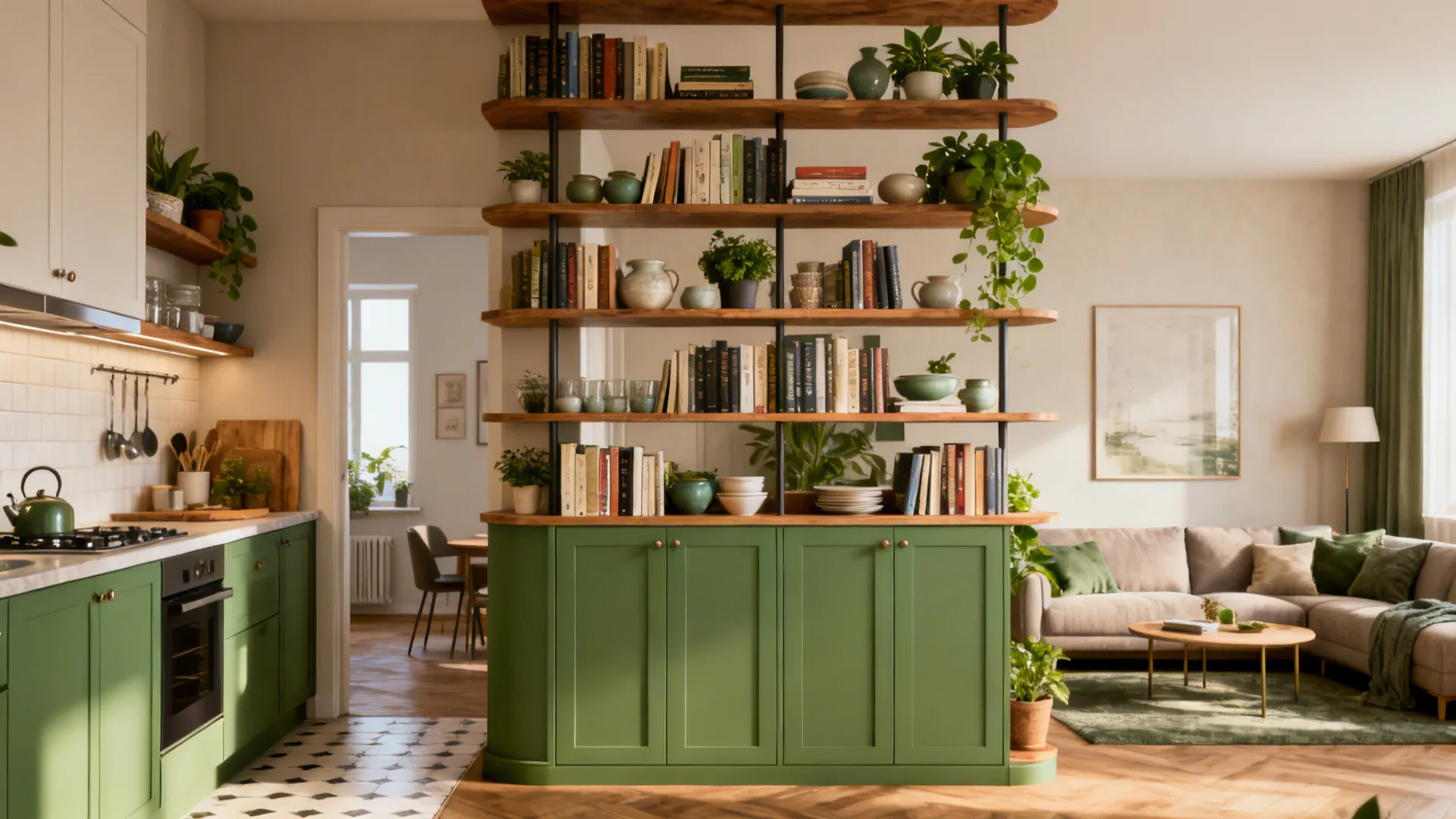 Staggered open shelving dividing a kitchen and lounge, with plants and books and closed lower cabinets.