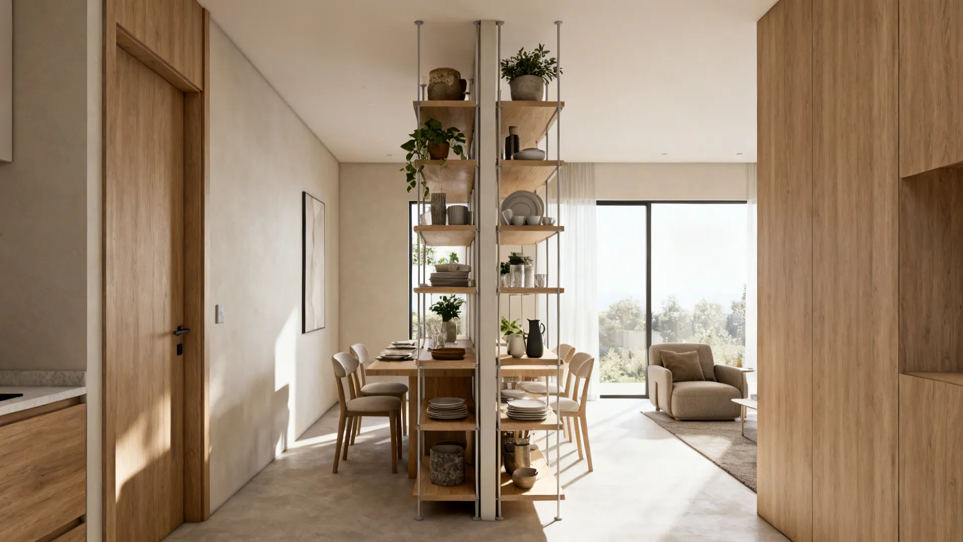 Back-to-back open shelving unit separating a dining nook and sitting area while keeping sightlines open.