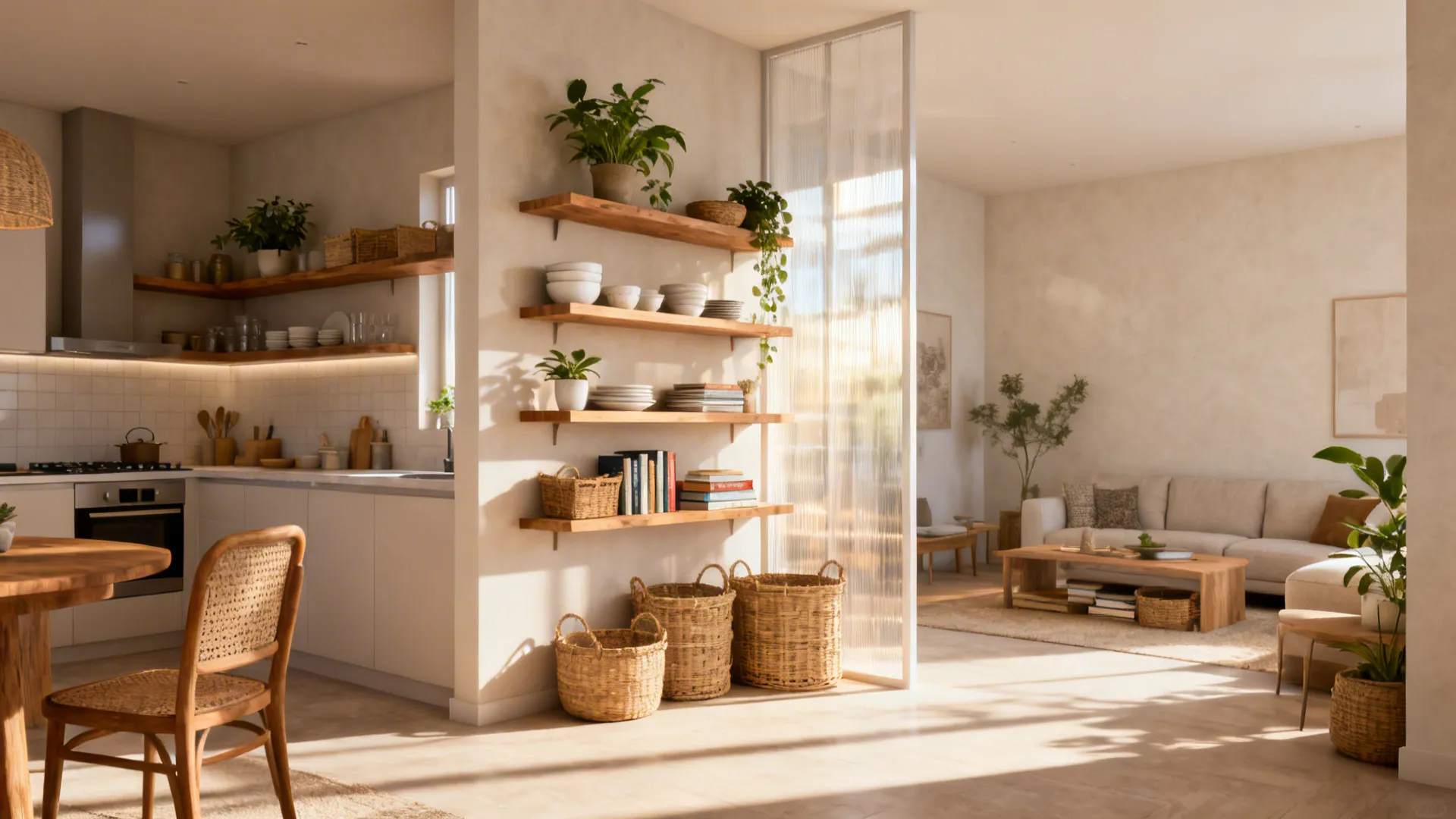 Staggered open shelving used as a semi-transparent divider with plants, dishes, and baskets.