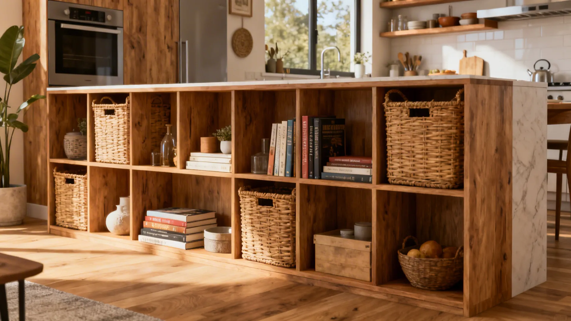 Low open bookcase between kitchen and living area styled with baskets and books to define zones.