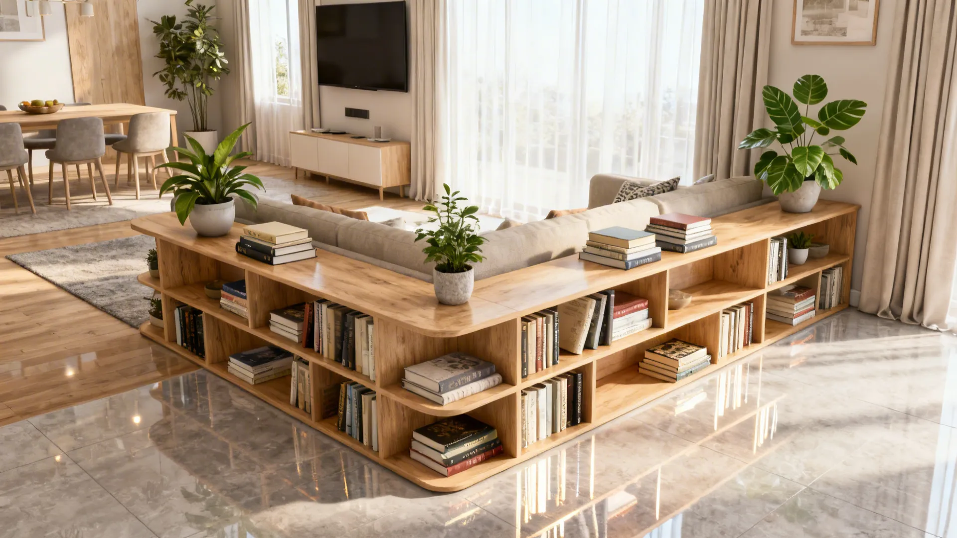 Open shelving placed at the L intersection serving as a light visual divider and styling surface.