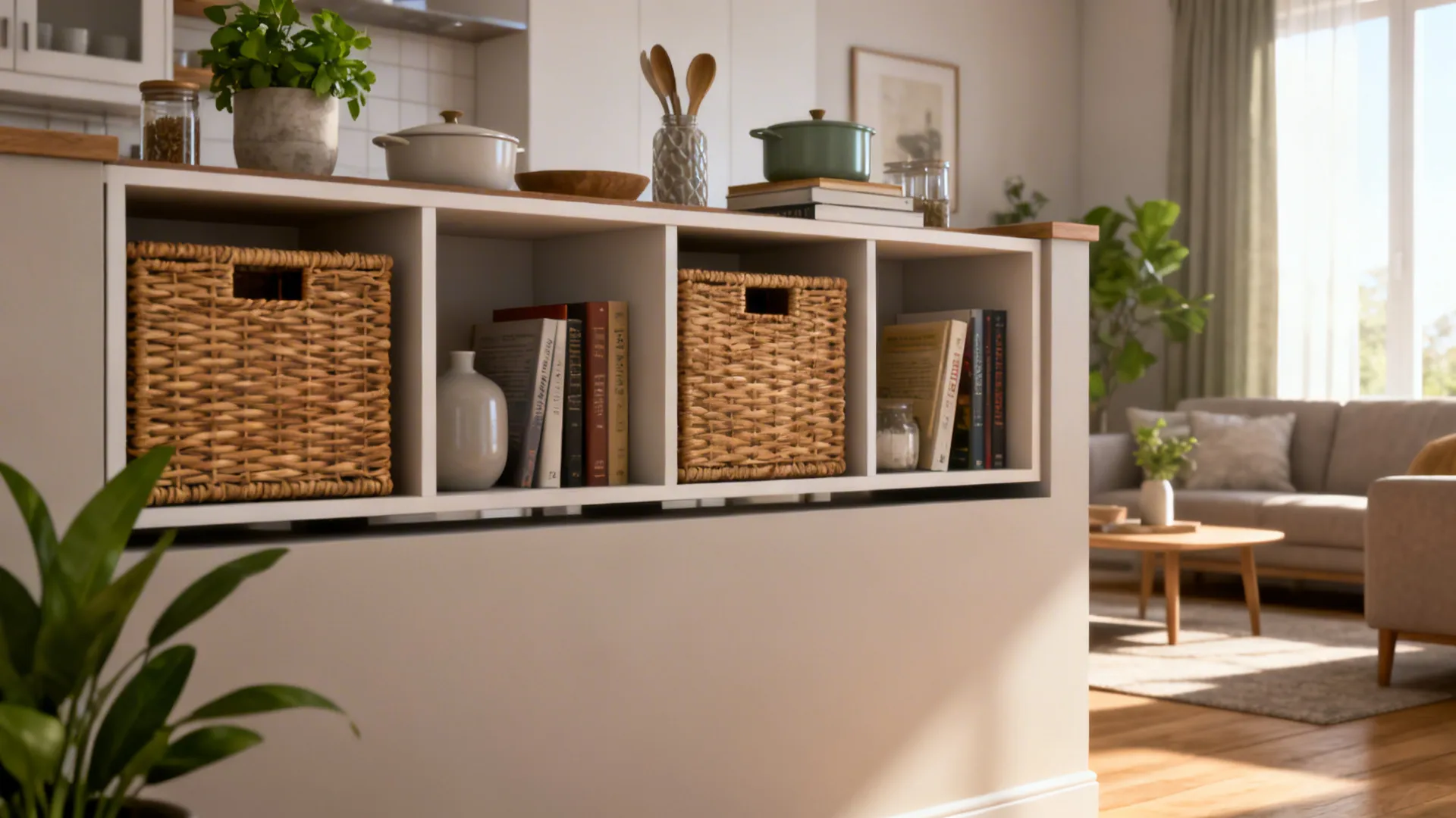Open shelving on a low partition separating kitchen and living area with baskets and plants