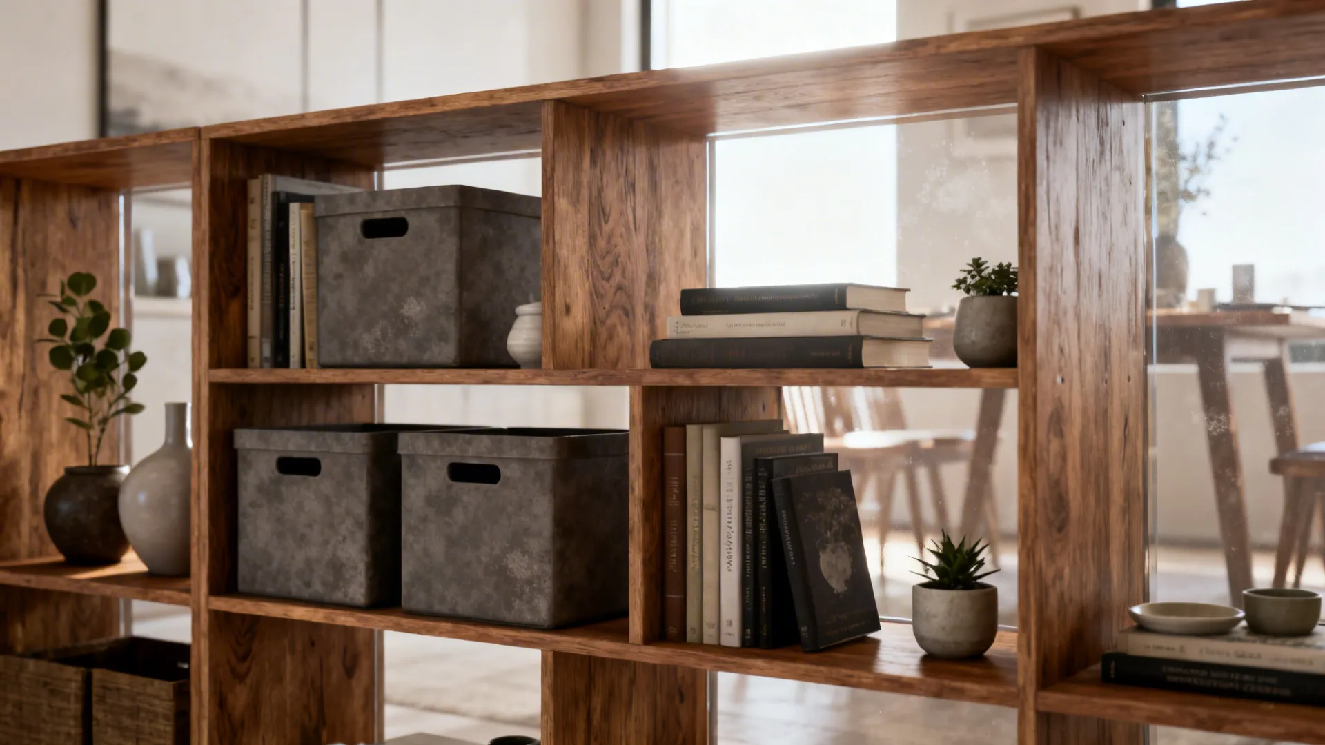 Low open shelving acting as a translucent divider with curated decor and storage bins between living and dining areas.