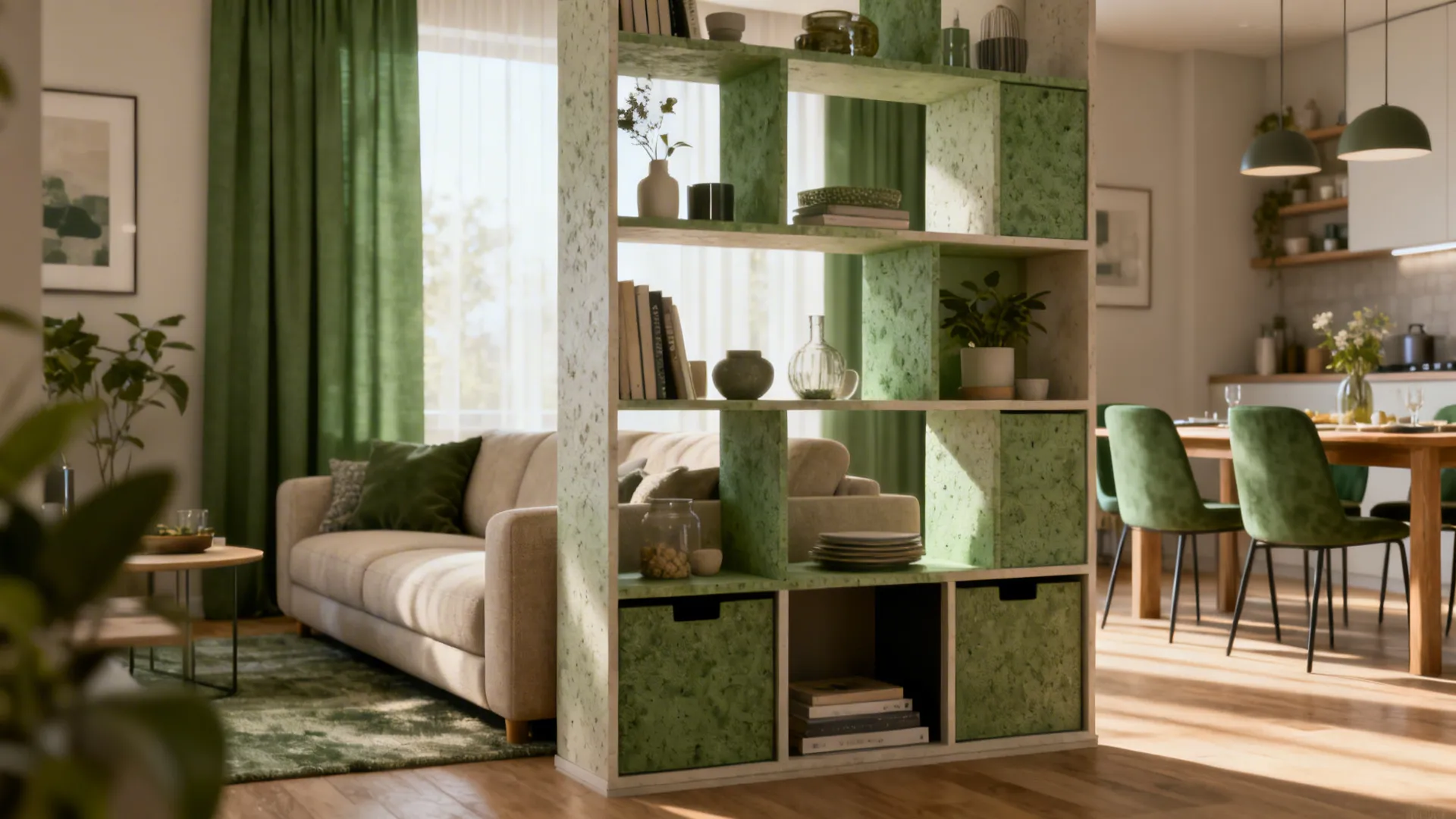 Open modular shelving acting as a low partition between living and dining areas
