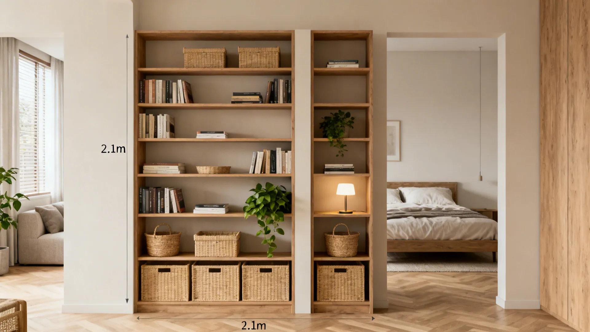 Open shelving divides a studio, providing storage and keeping sightlines open between living and sleeping zones.