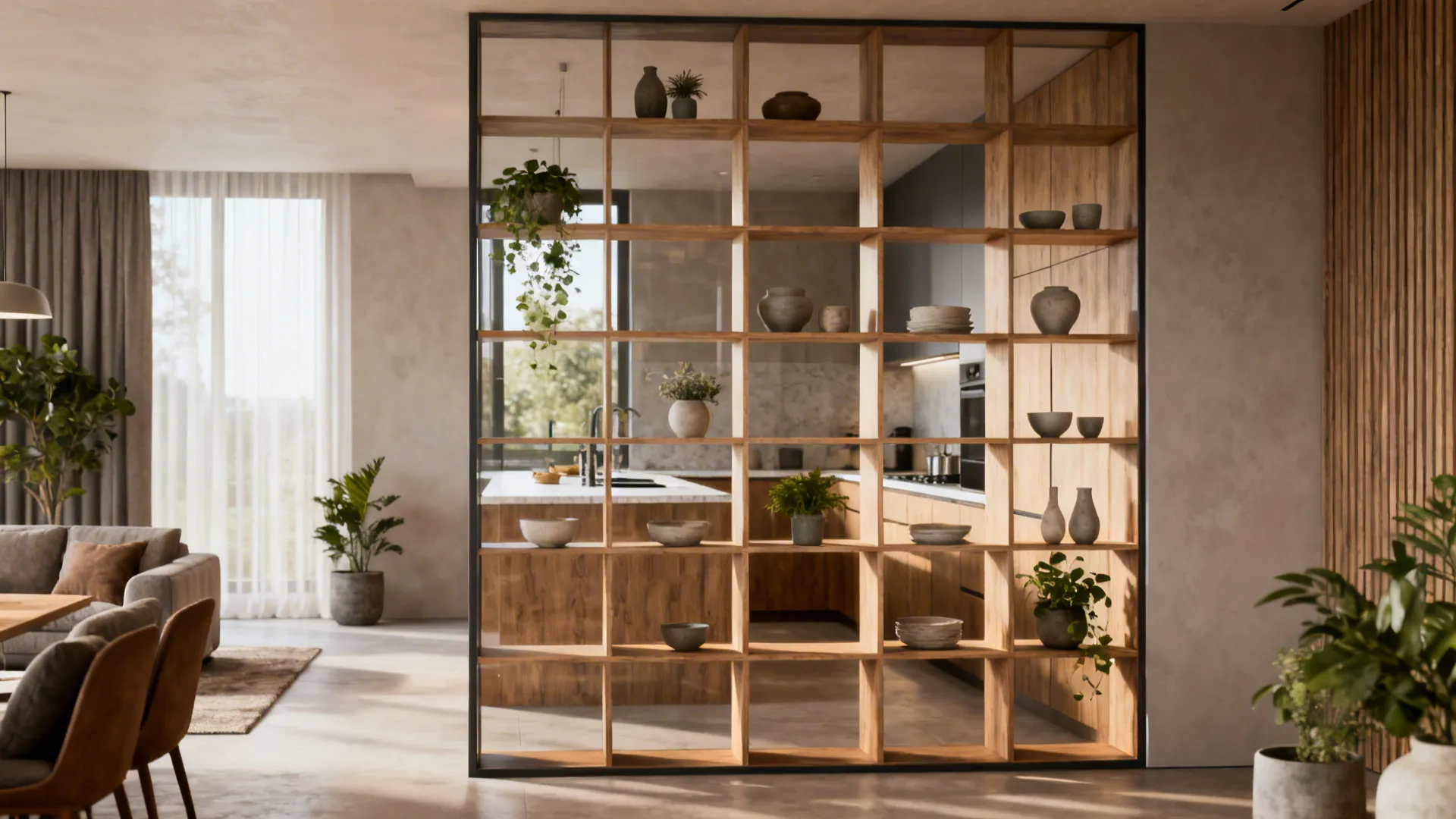 2. Use open shelving to separate yet connect