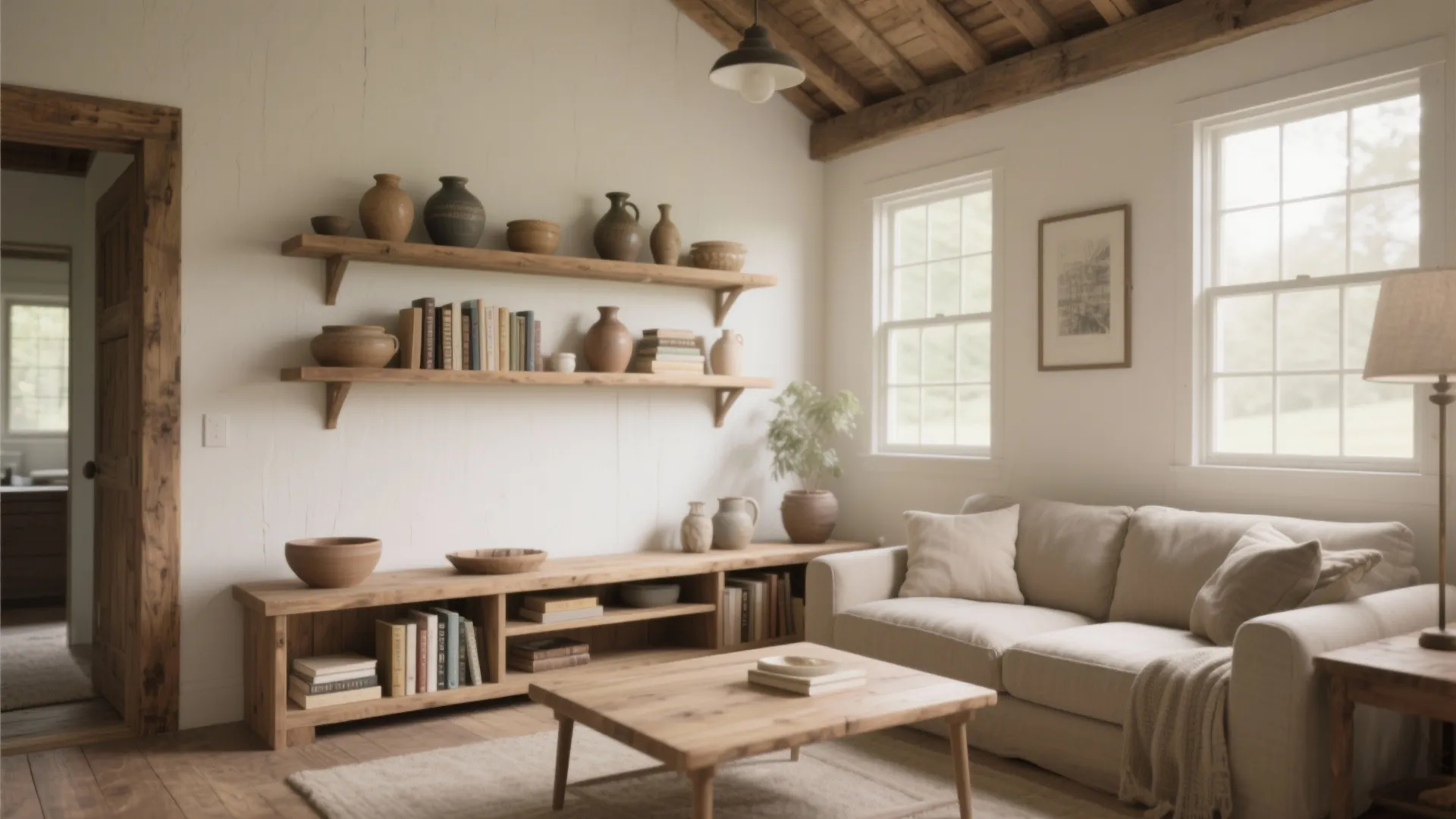 Living room with cream sofa wooden shelves holding clay pots books and a coffee table