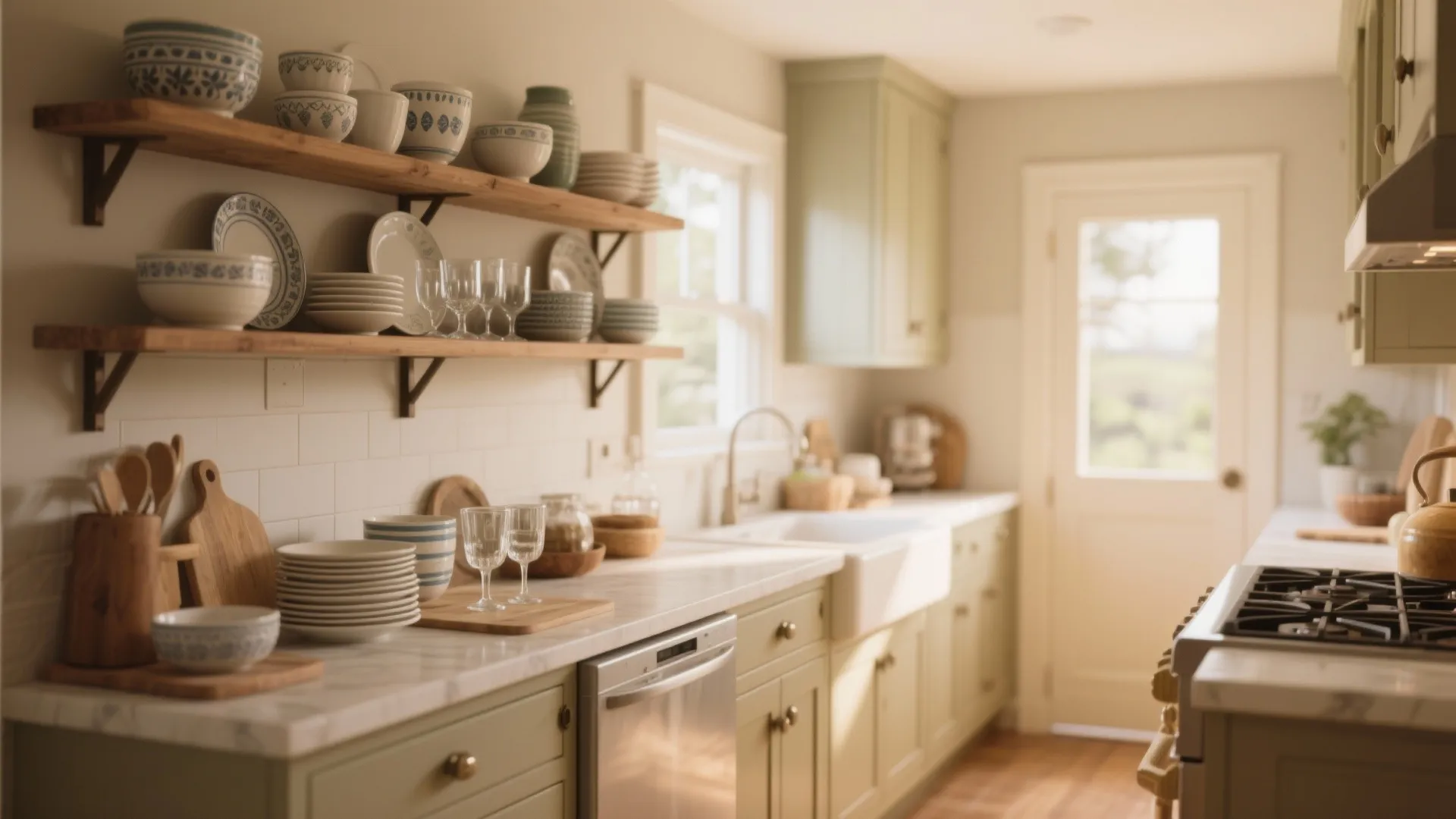 Light green kitchen with wooden open shelves holding ceramic bowls plates and glassware near a window