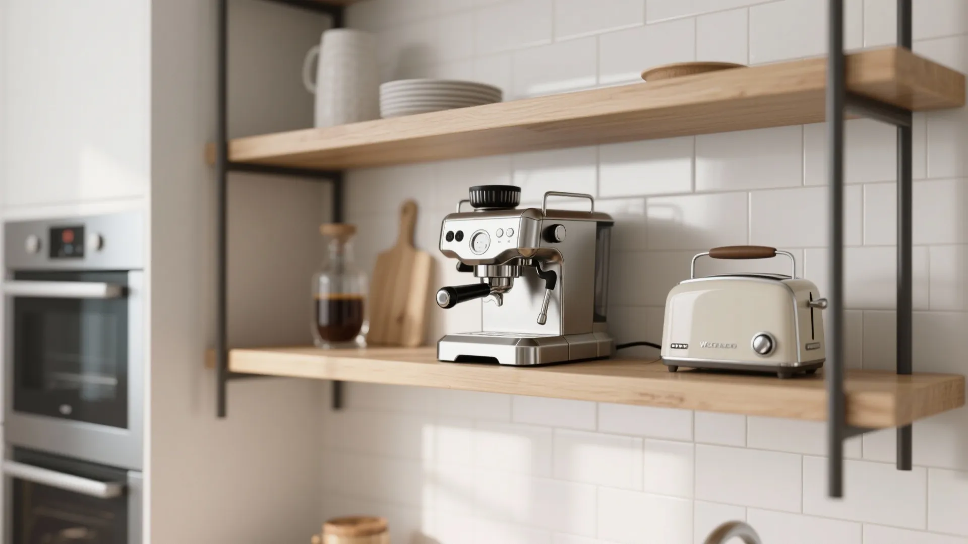 Modern coffee machine and cream toaster on wooden open shelves with white subway wall tiles