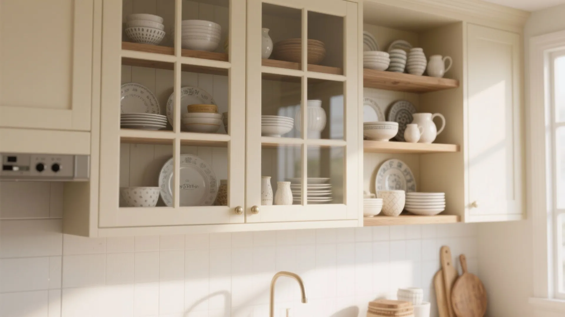 Cream kitchen cabinet with glass doors and wooden shelves holding white and patterned ceramic plates