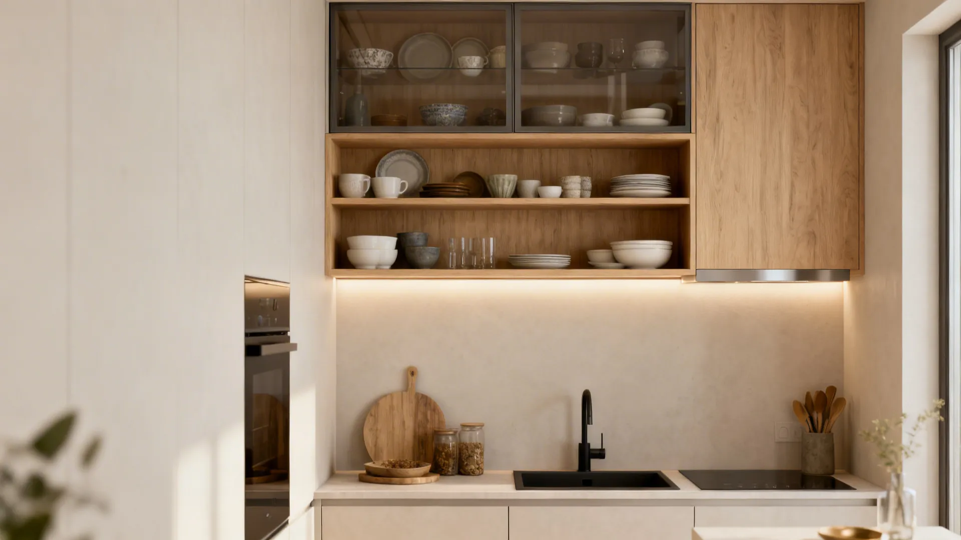 Small kitchen with open shelving and selective glass-front cabinets showing curated items.