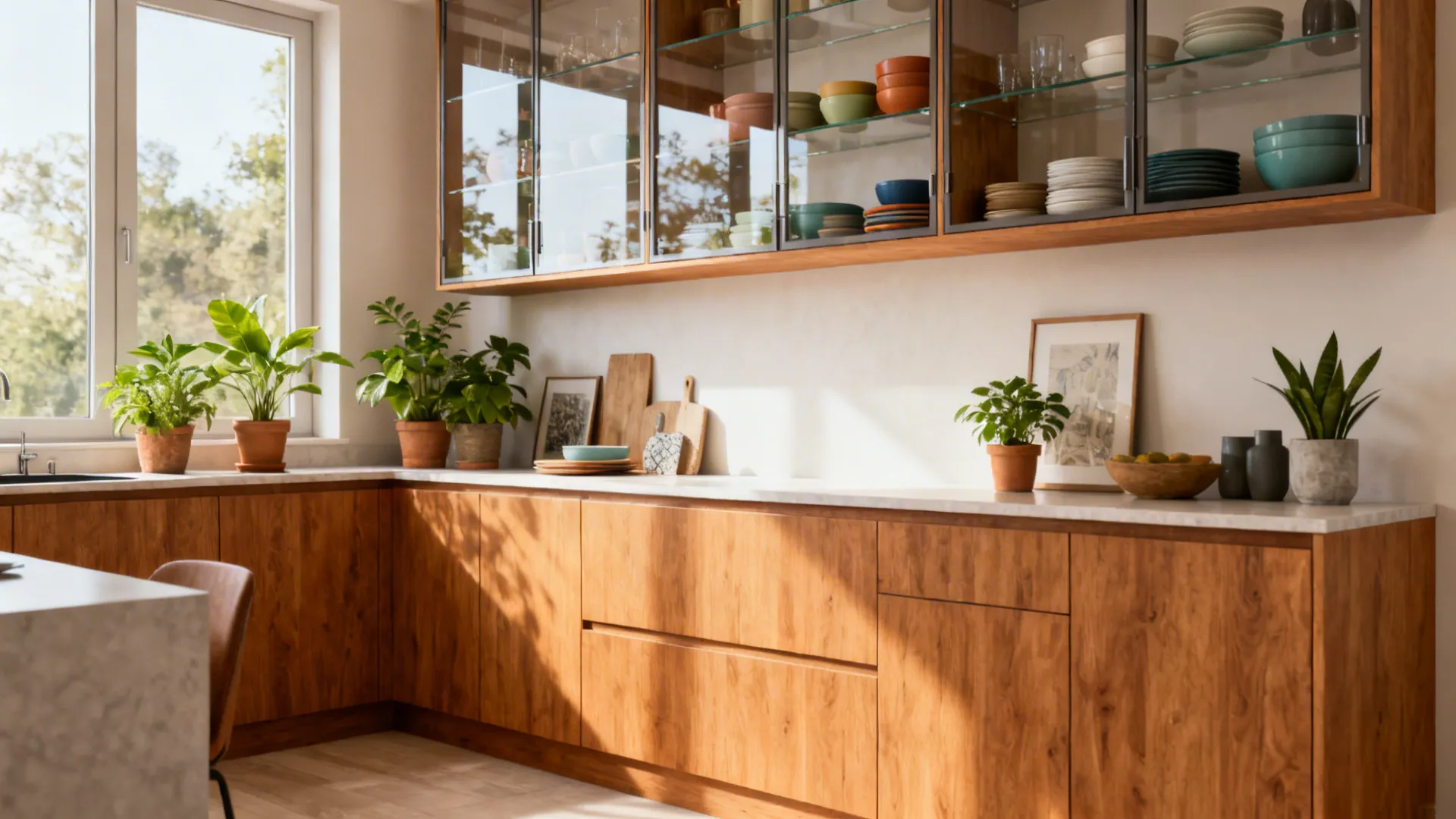Eat-in kitchen with honey oak cabinets, glass-front uppers, and open shelving styled with dishes and plants.
