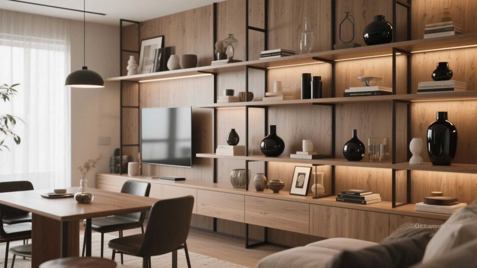 Large wooden shelving unit with books vases and television next to a dining table set