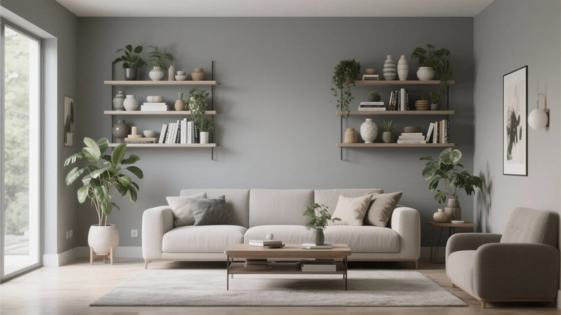 Modern living room featuring grey walls wooden coffee table open wall shelves and green plants