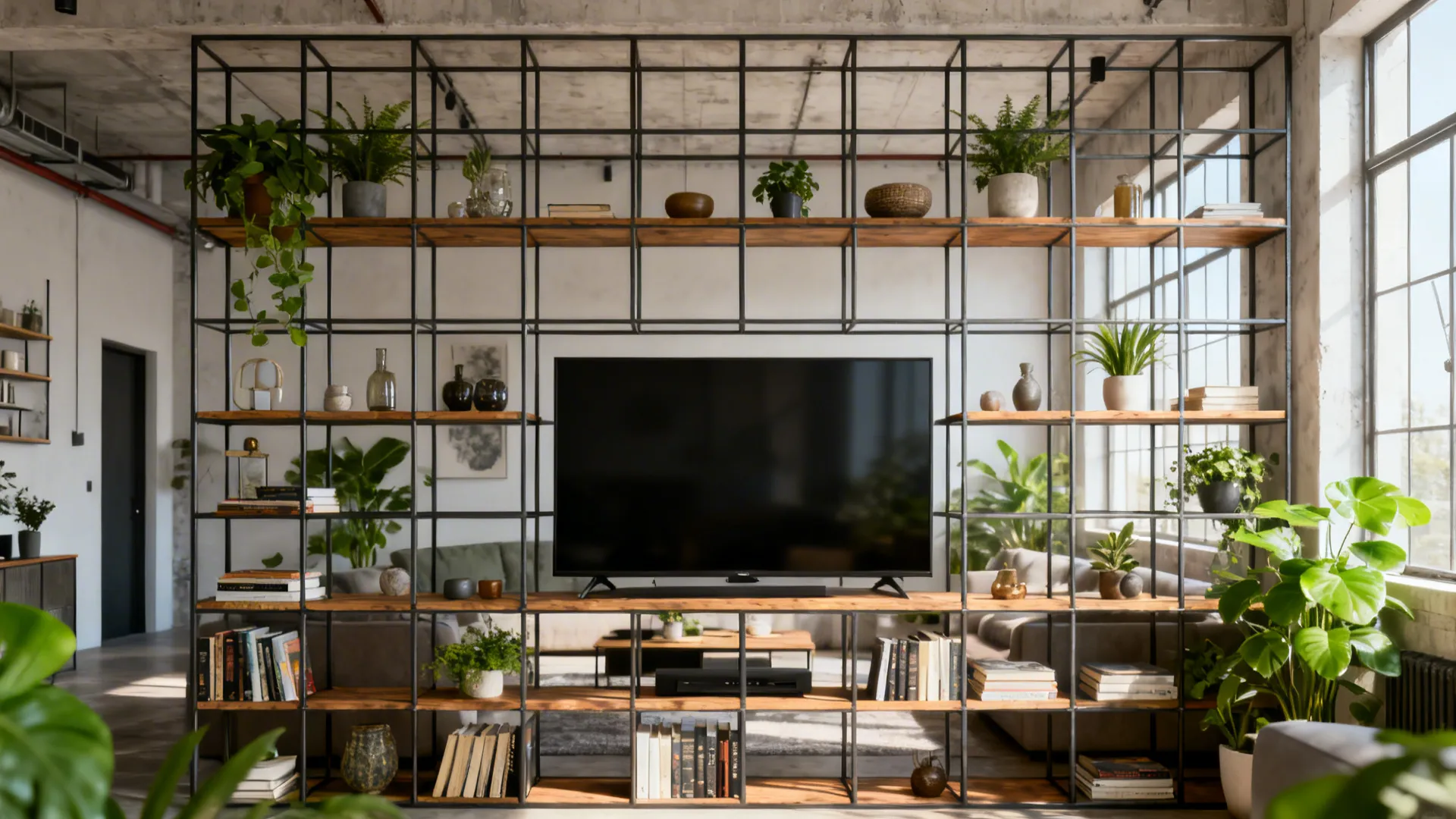 Open shelving grid framing a TV with curated decor and plants, creating an airy modern focal point.