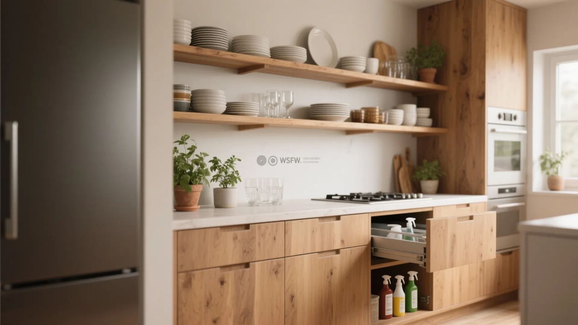 Compact kitchen with open wood shelves and concealed base cabinet for tidy storage