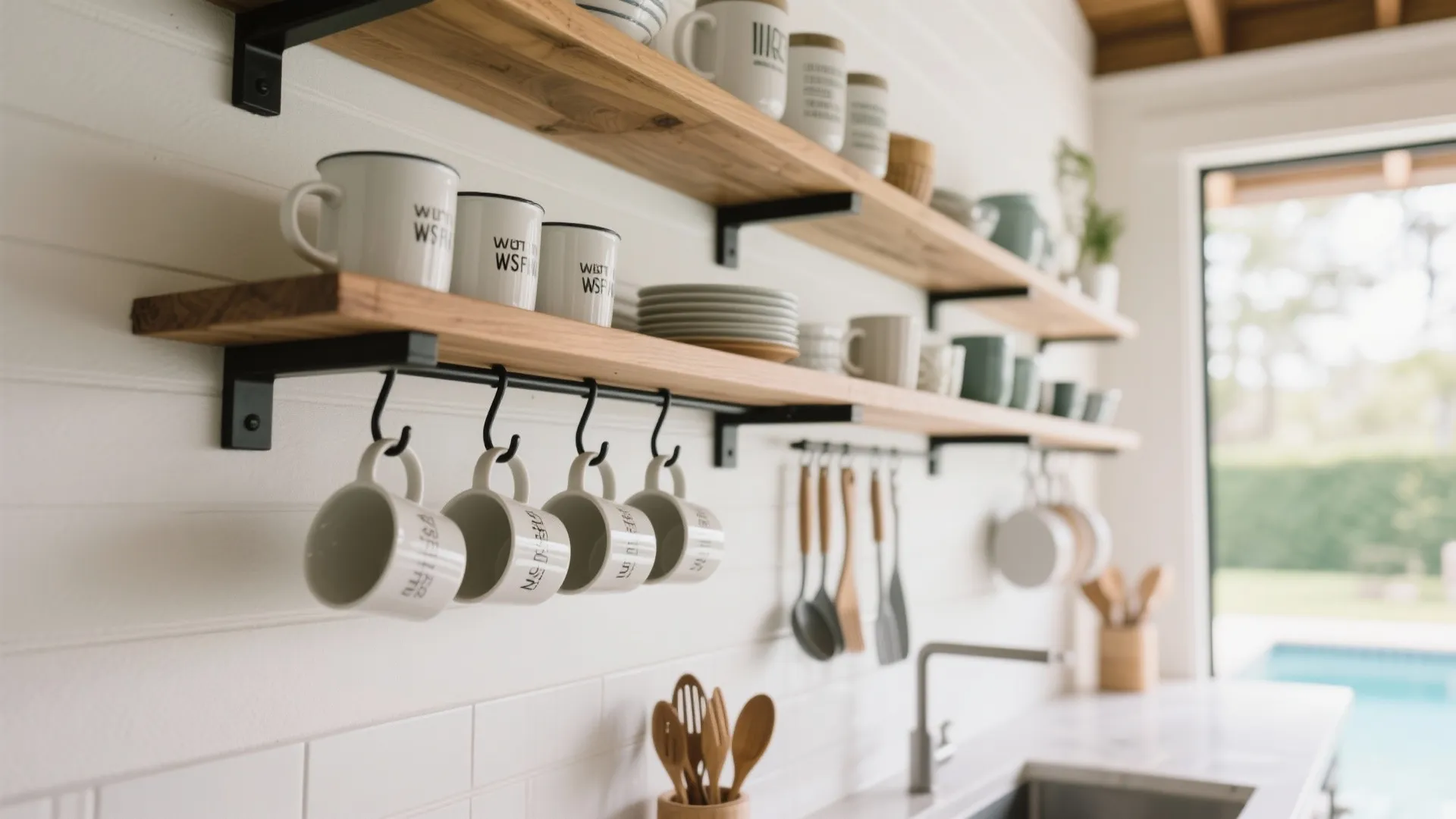 Wooden wall shelves with white coffee mugs and kitchen tools above a white tiled kitchen counter