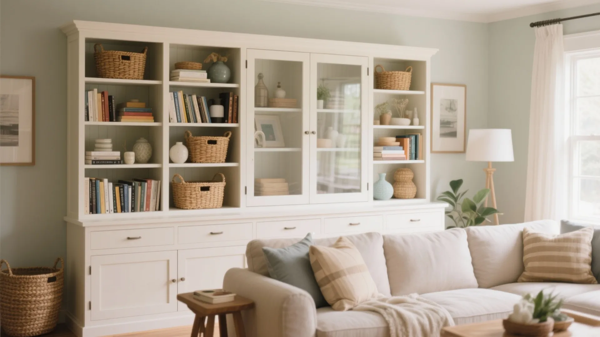 Open-shelving hutch with books and baskets in a family space