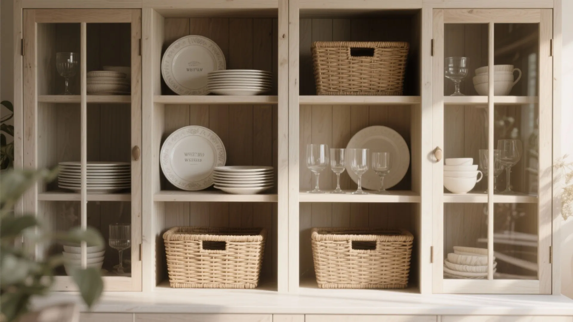 Wooden cabinet with glass doors showing organized white plates glass cups and woven storage baskets