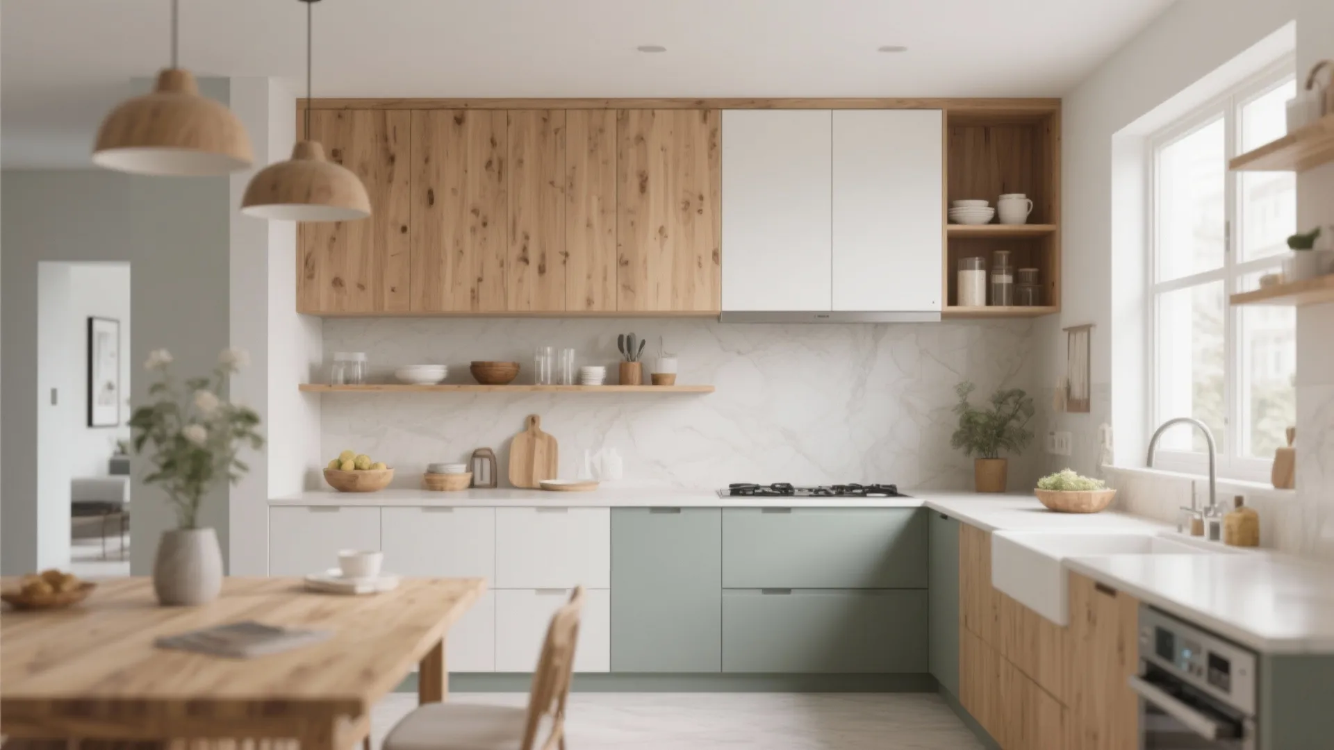 Modern kitchen with wood and white cabinets marble backsplash green base units and wooden dining table