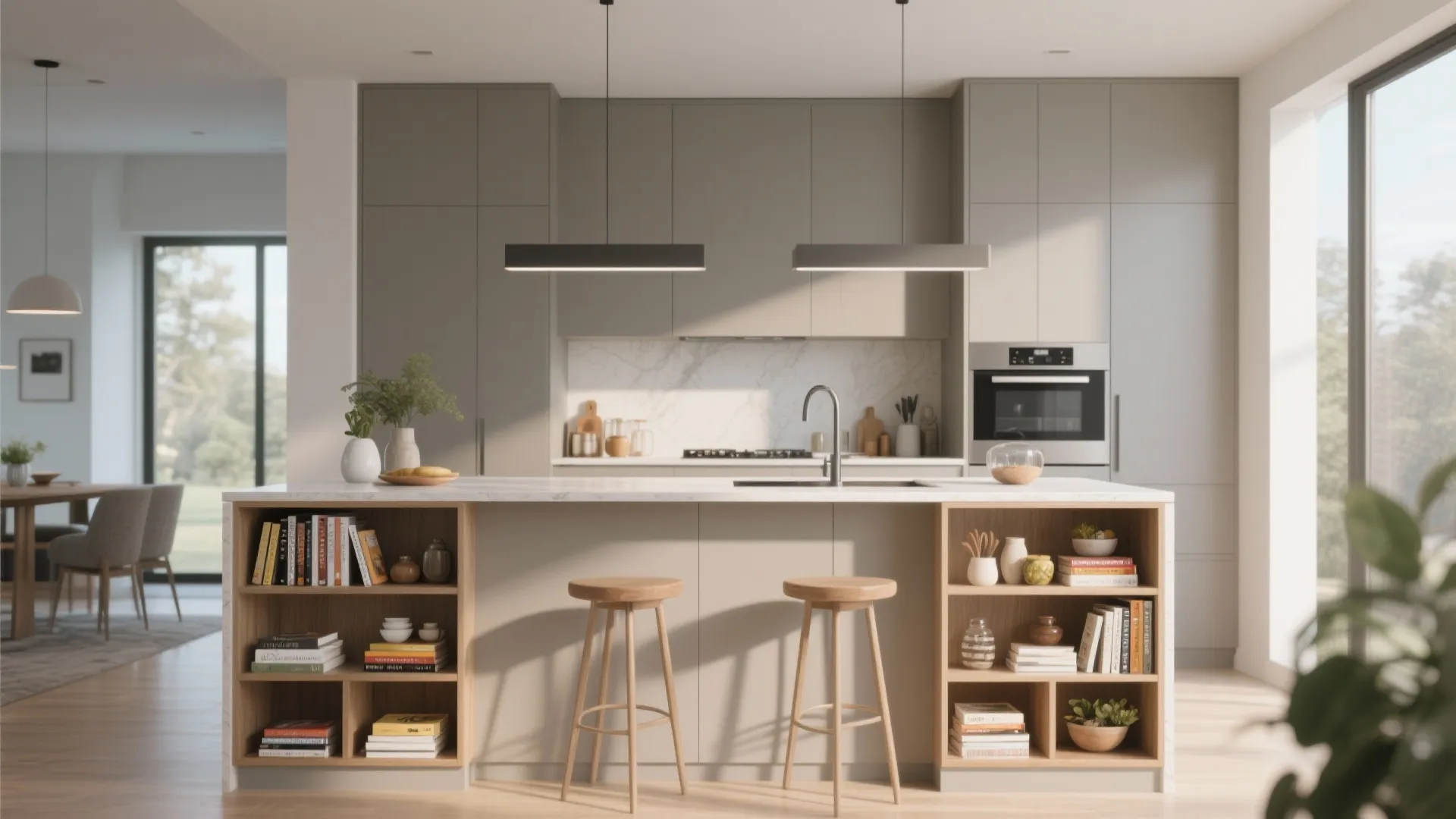 Minimalist kitchen island with wooden open shelves for books and two simple wooden bar stools