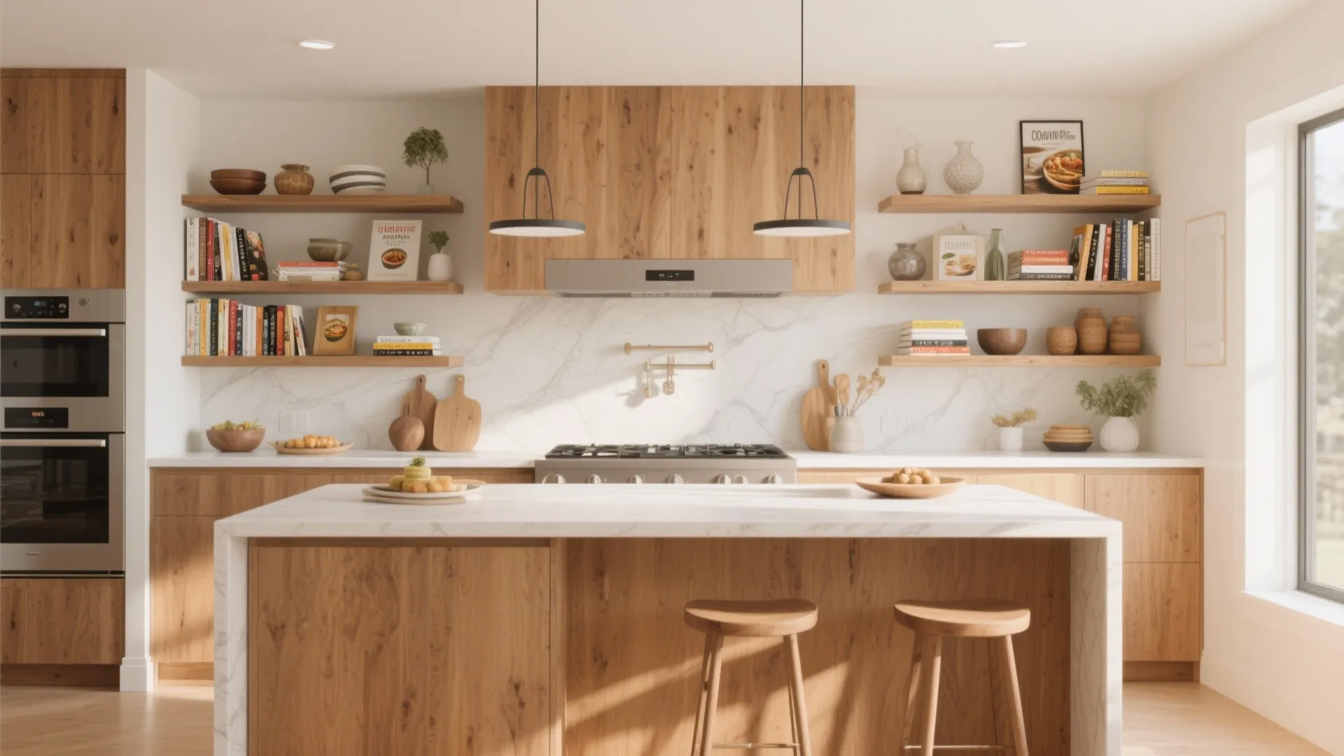 Kitchen island with open shelving for cookbooks and décor