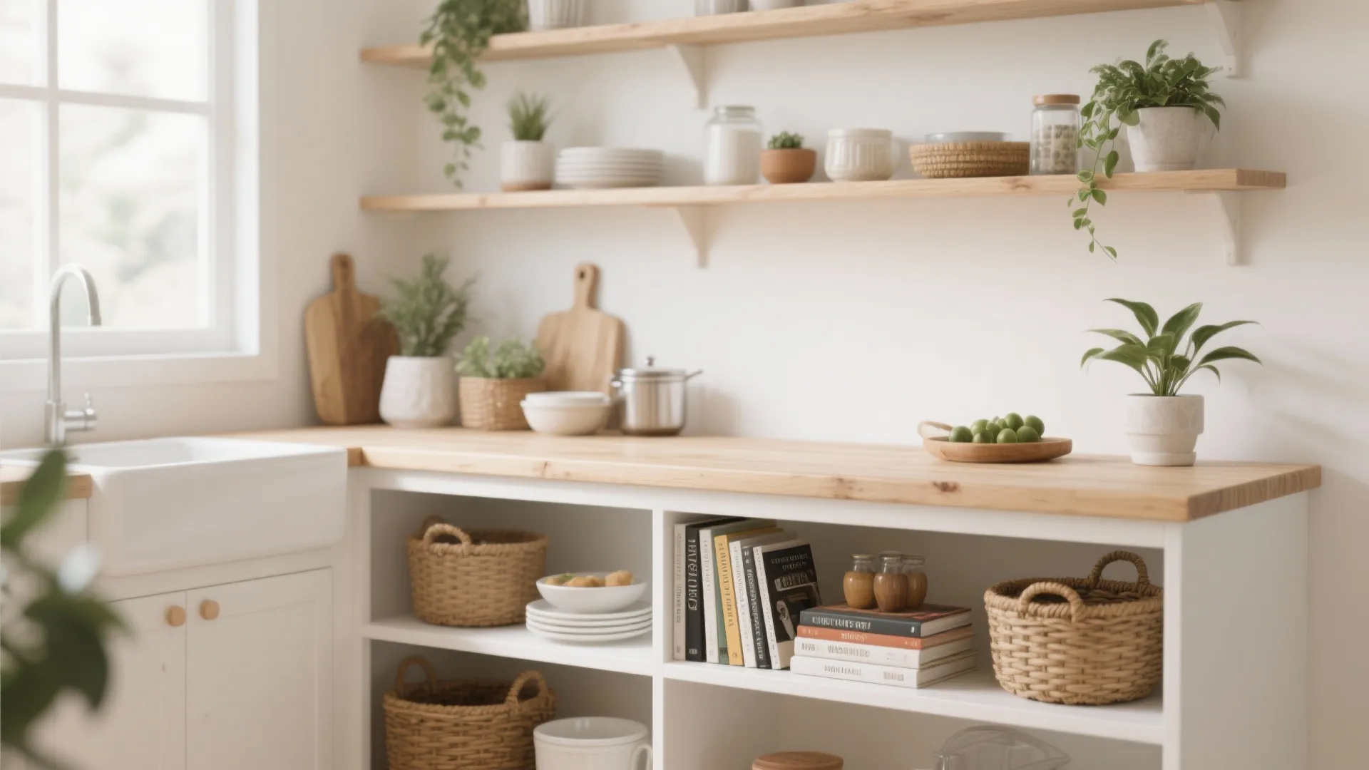 Bright white kitchen with wooden shelves holding books and baskets under a light wood countertop