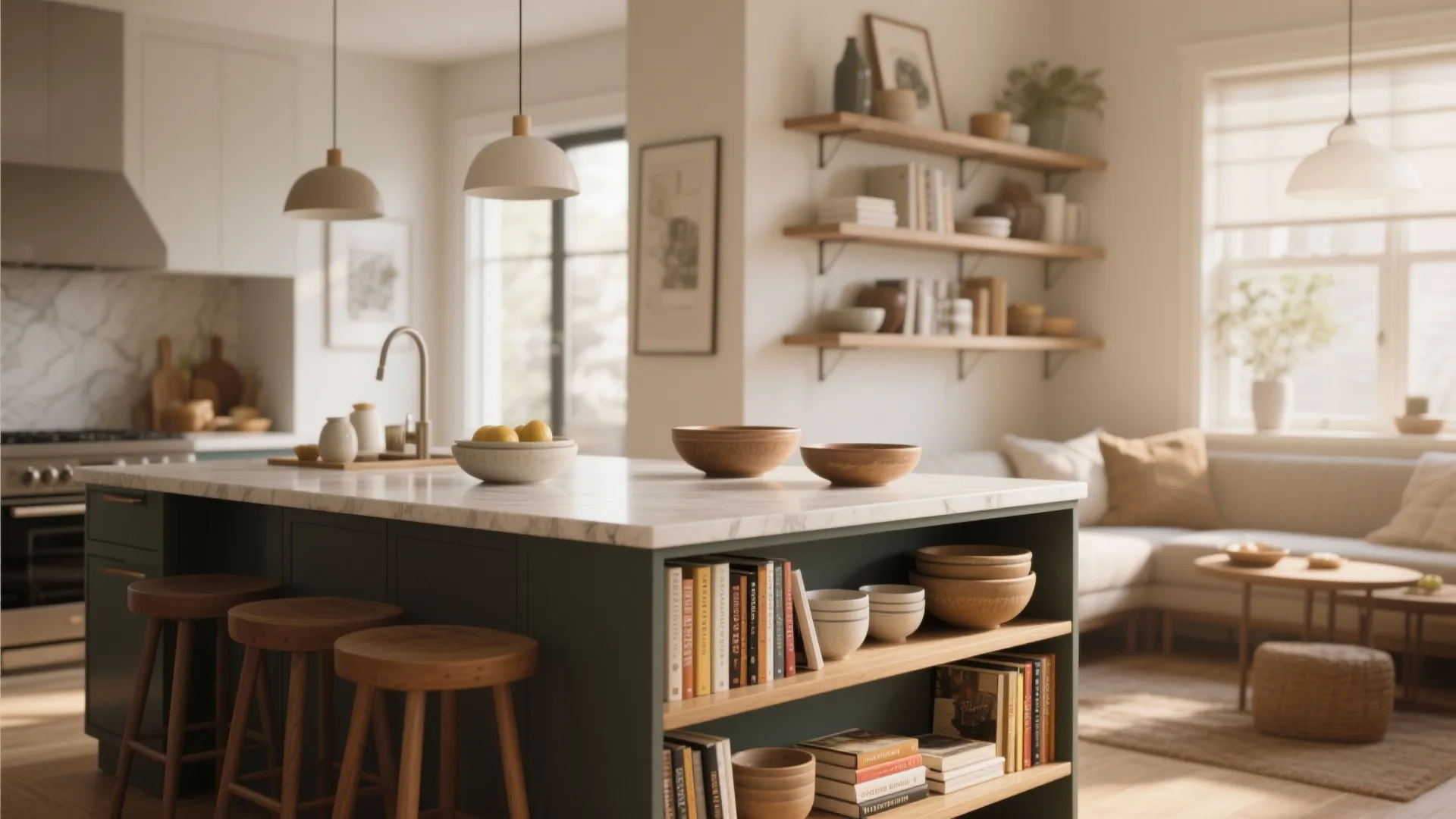 Kitchen island with open shelves holding cookbooks and dishes