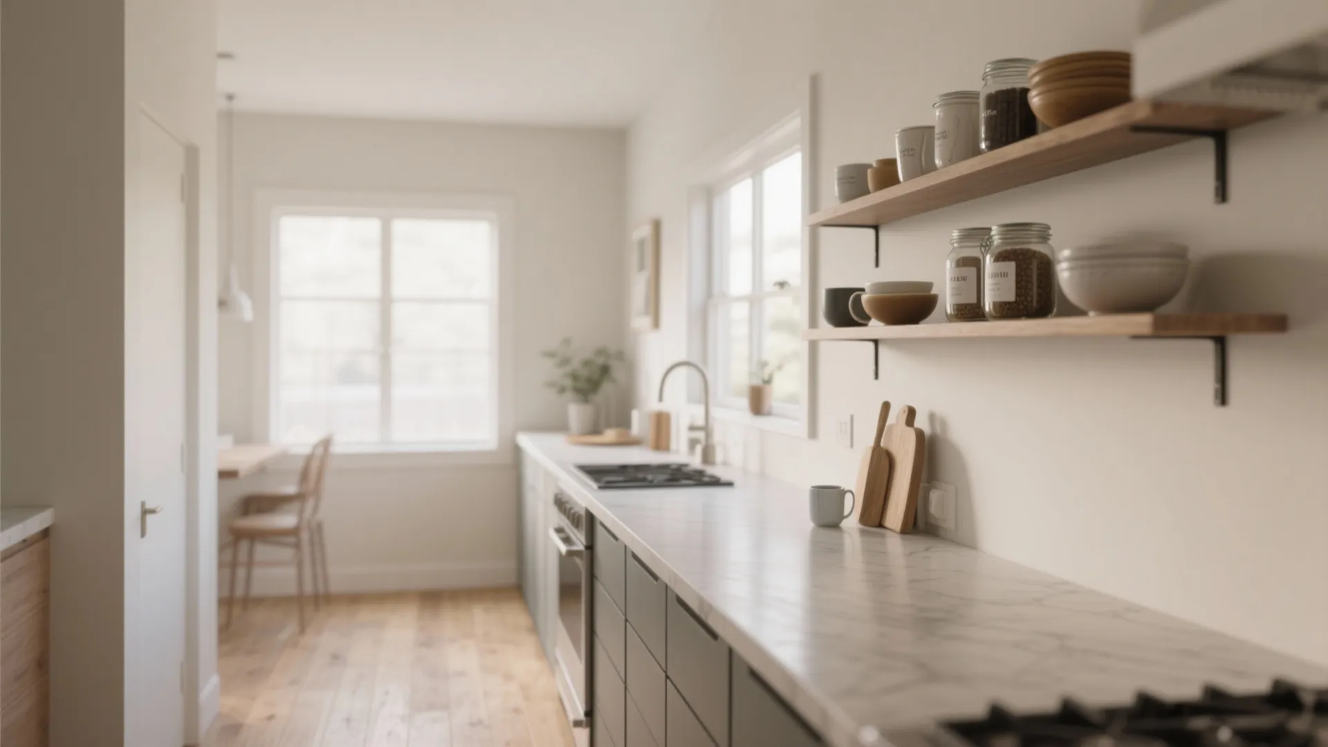 3. Narrow Island with Open Shelving