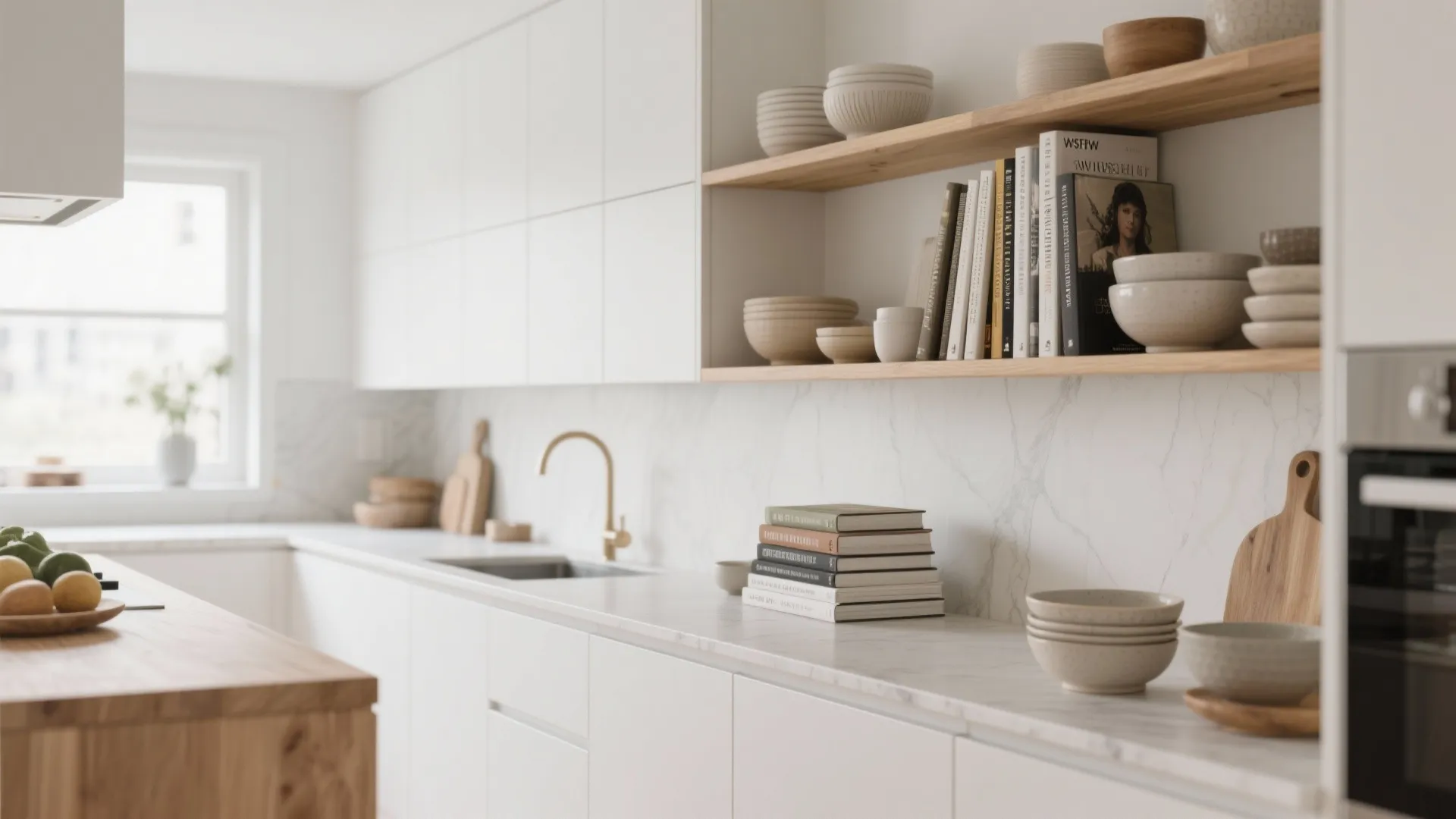 Minimalist white kitchen with wooden open shelves holding books and bowls near a bright window