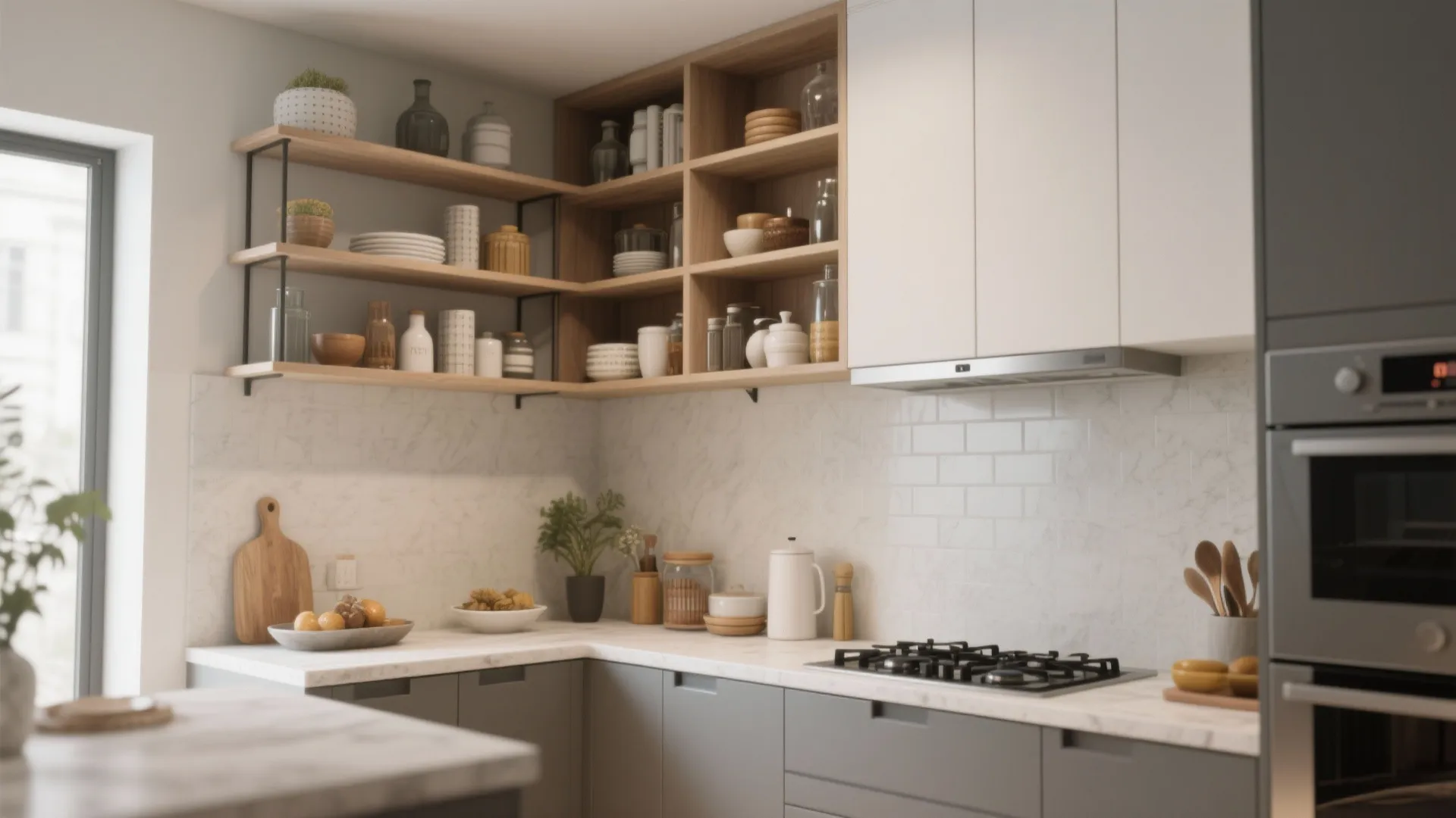 Modern kitchen with grey cabinets marble walls and wooden open shelves holding various ceramic dishes