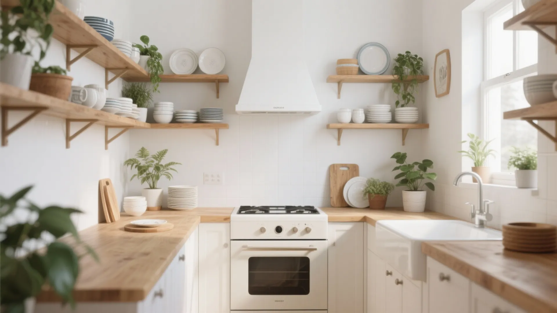 Bright kitchen with white tiles wooden countertops open shelves for plates plants and white oven