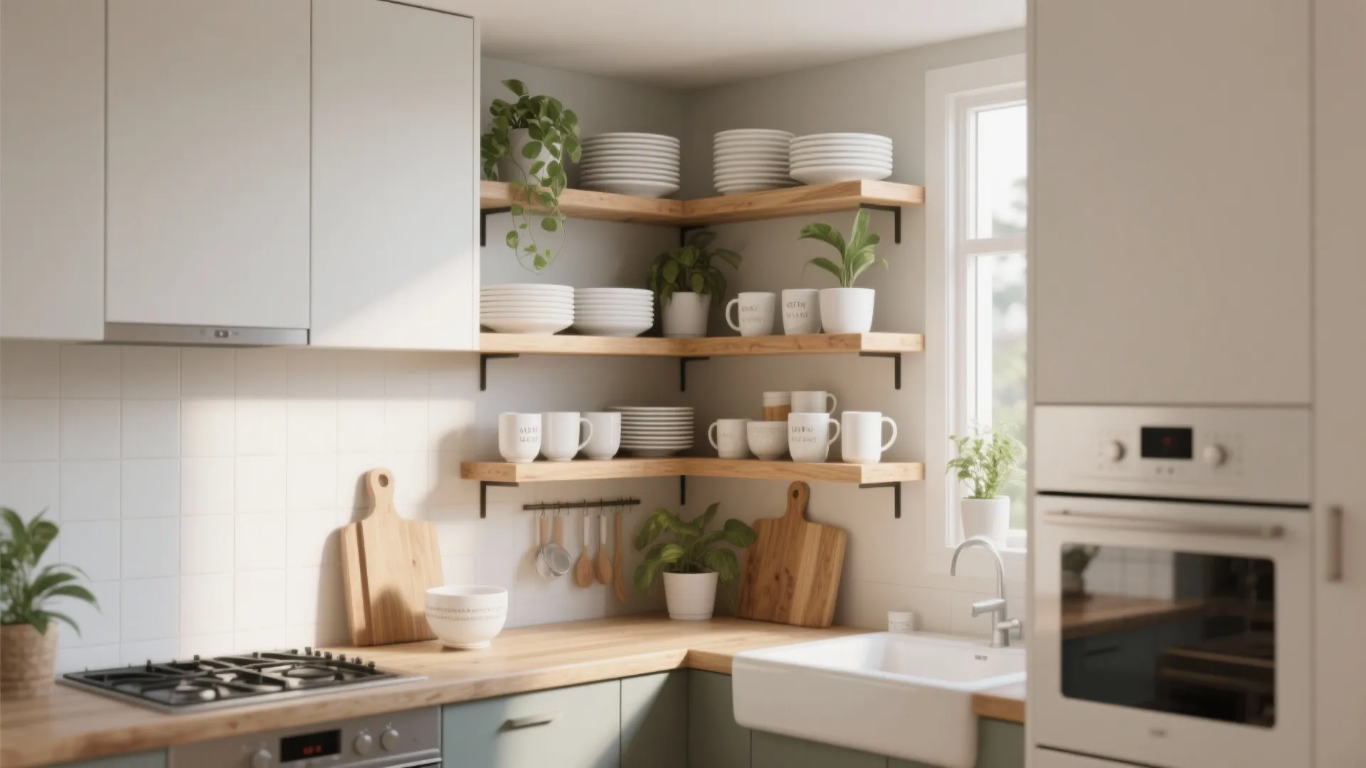 Corner kitchen open shelves holding white dishes and green plants above a wooden kitchen countertop